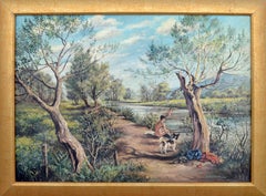 "Afternoon Swim": dipinto figurativo di paesaggio della metà del secolo, incorniciato