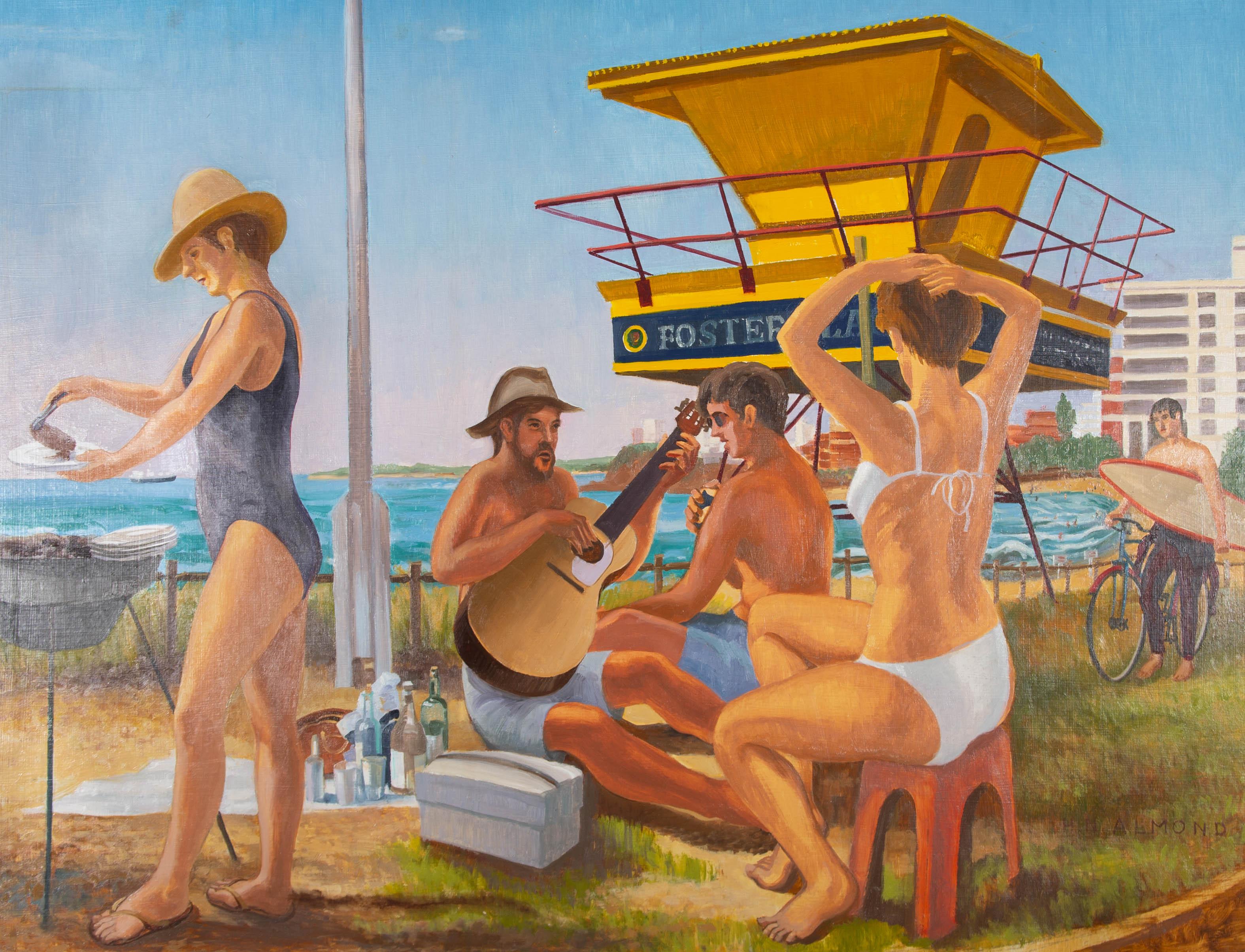 This charismatic study depicts a group of people having a barbeque at the beach. The artist has used a bold style and vibrant colours to capture the relaxed atmosphere of this summer scene. Signed to the lower right. On board.