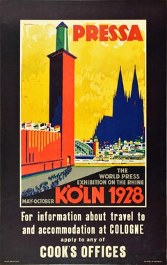 Affiche rétro originale Pressa Koln 1928 Exposition universelle de presse sur le Rhin de Cologne