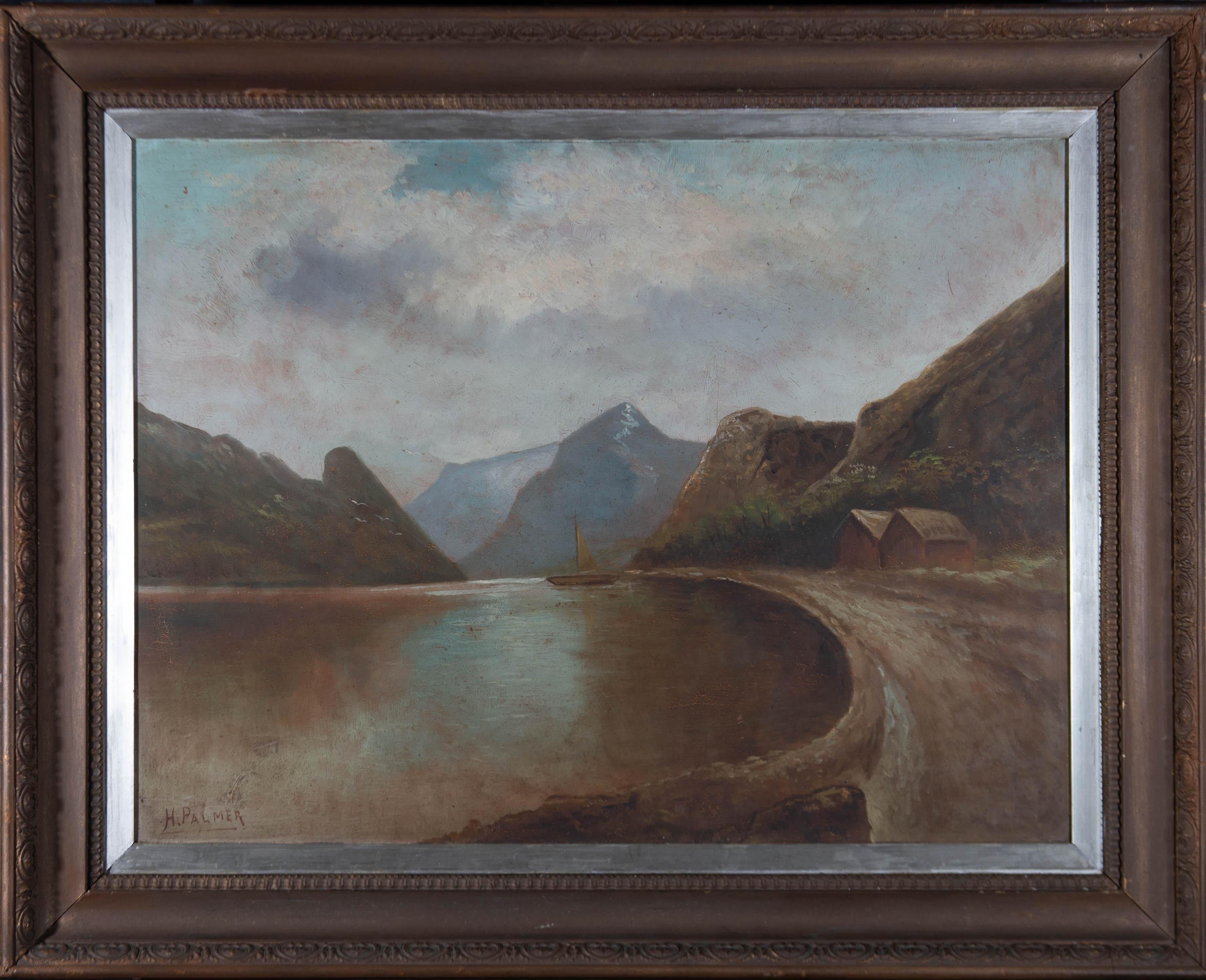A landscape featuring a lodge by the lake and a boat on the water with mountains in the distance. Presented in an ornate gilt-effect wooden frame with a lamb's tongue running pattern to the inner edge and a silver slip. Signed to the lower-left