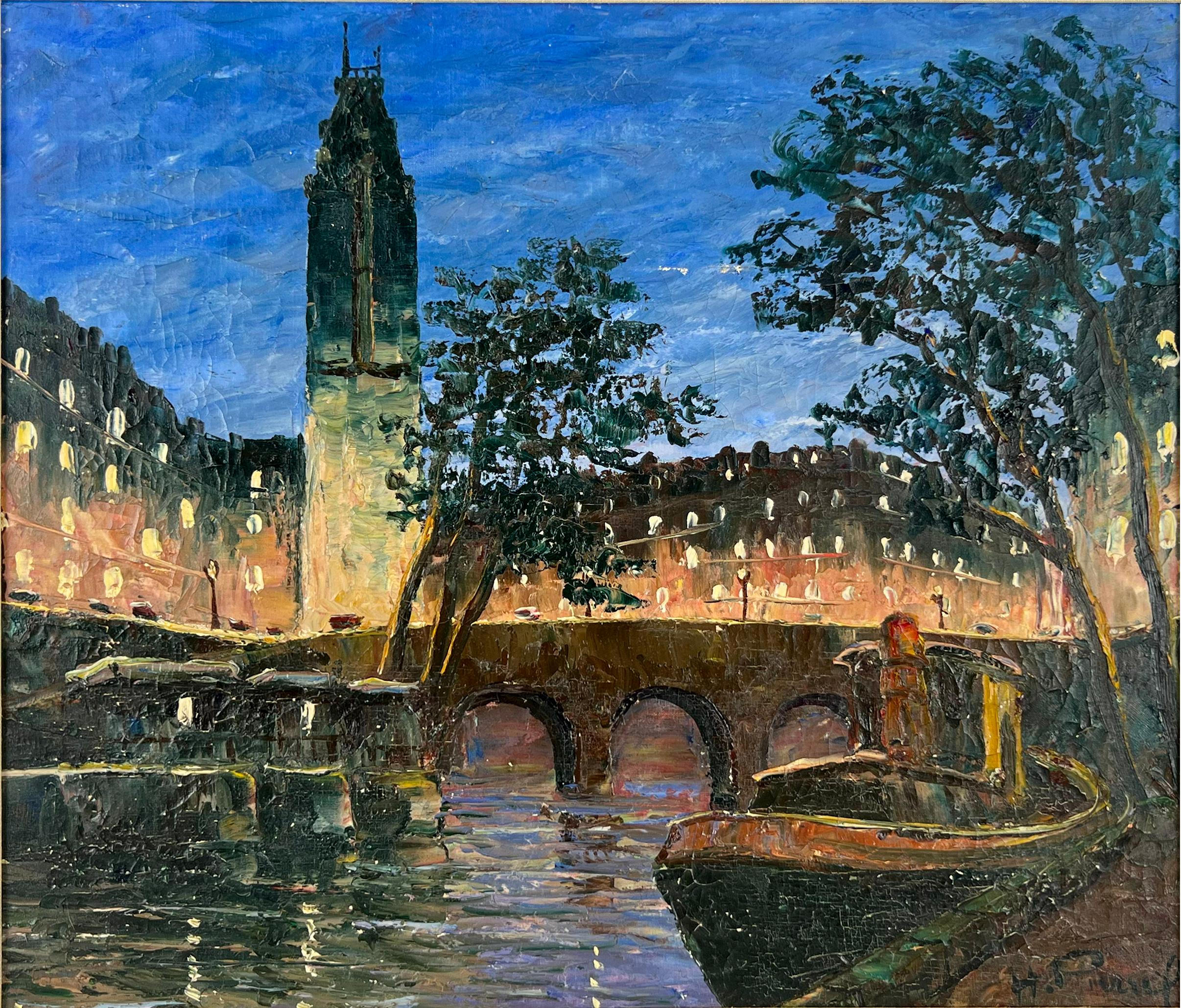 Petit Pont-Neuf - Puente Saint-Michel París de noche Óleo original sobre lino - Painting de H Pierrot