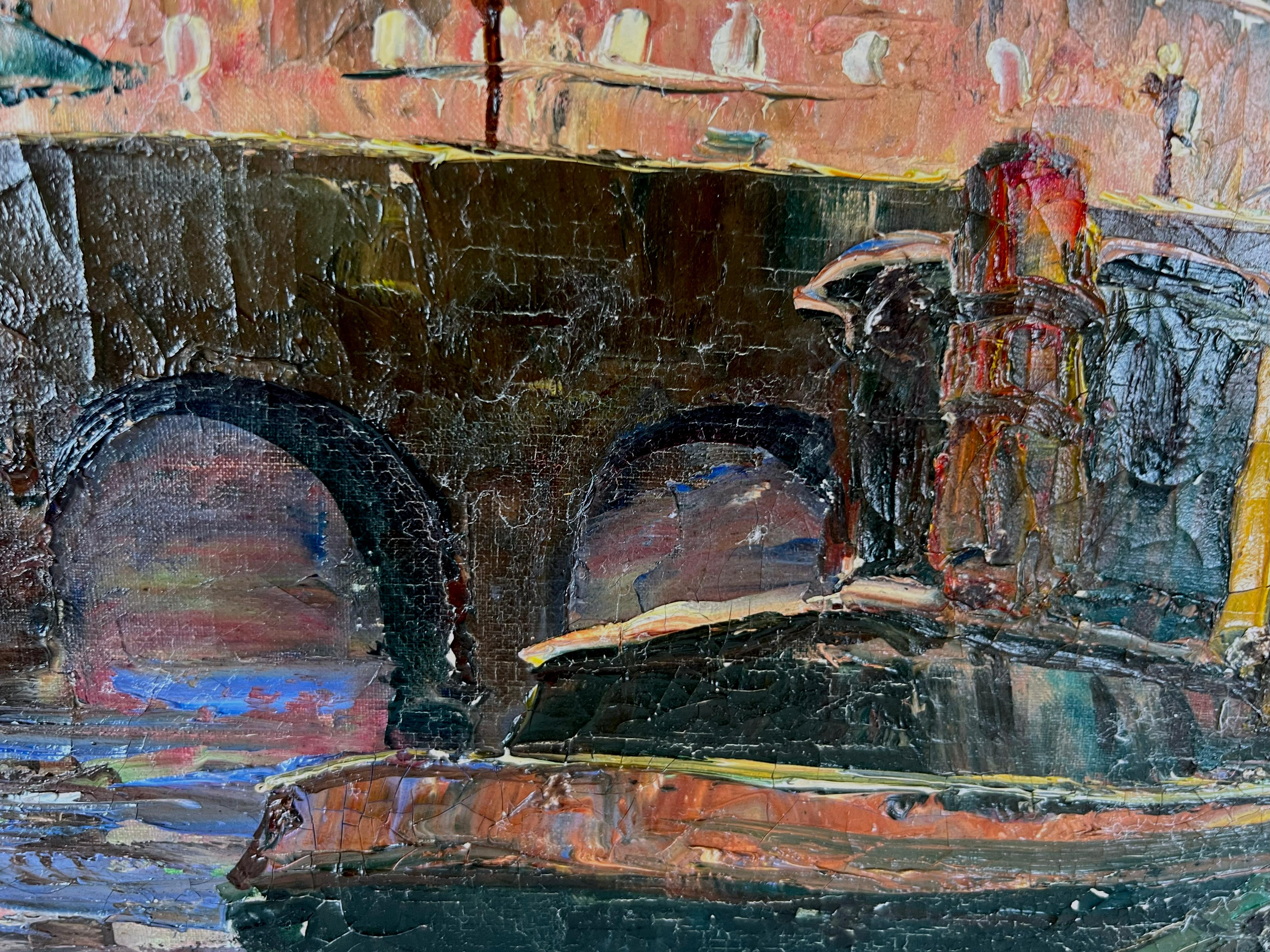 Petit Pont-Neuf - Puente Saint-Michel París de noche Óleo original sobre lino - Painting De la posguerra de H Pierrot