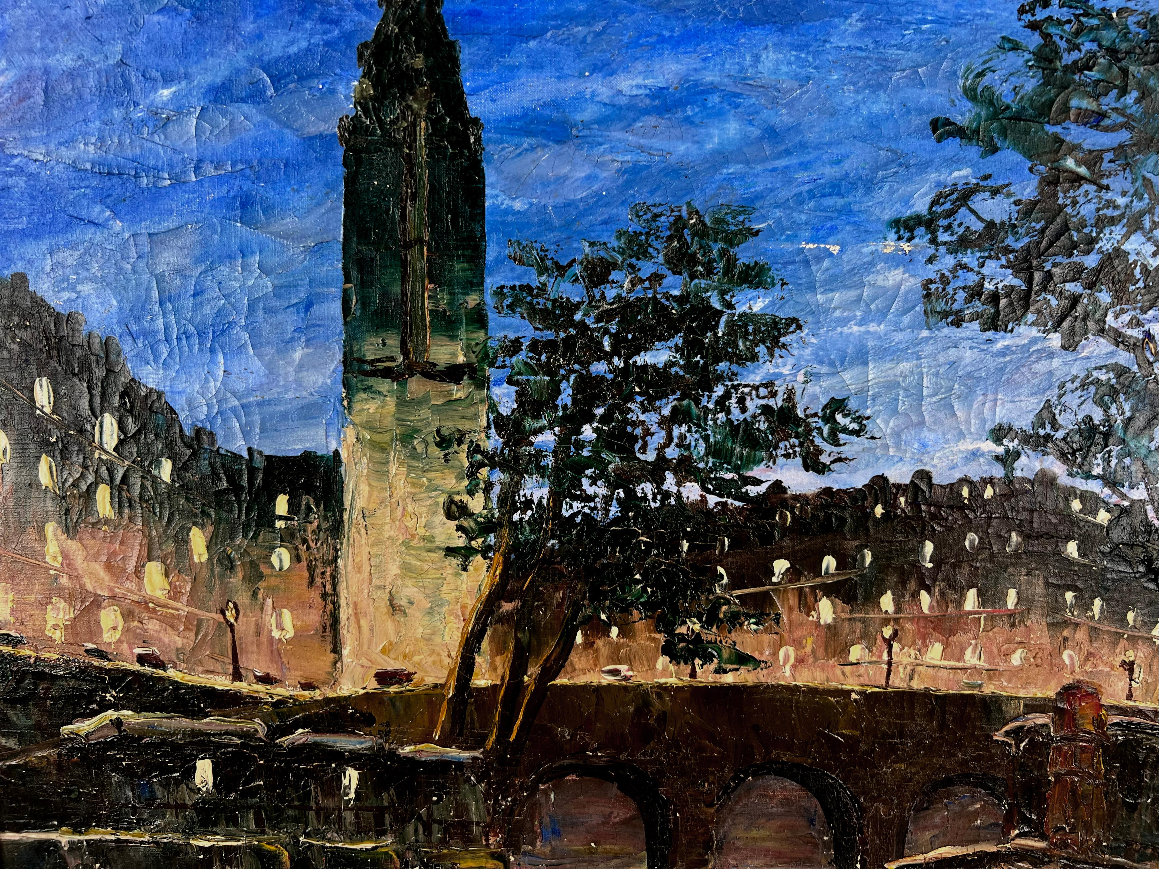 Petit Pont-Neuf - Puente Saint-Michel París de noche Óleo original sobre lino - Landscape Painting Negro de H Pierrot