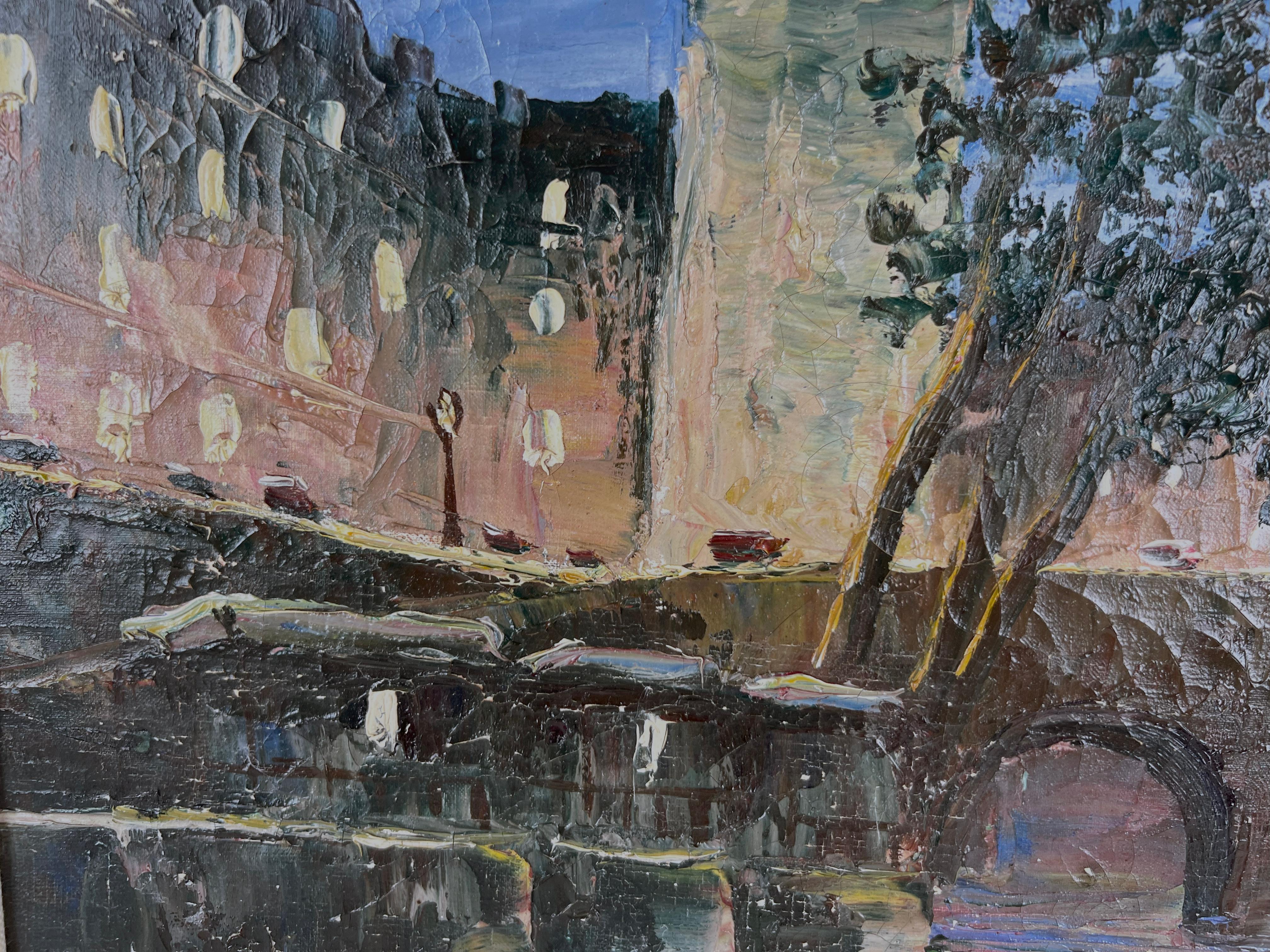 Petit Pont-Neuf - Puente Saint-Michel París de noche Óleo original sobre lino
Puente Saint-Michel de París al anochecer por un artista desconocido, firmado de forma ilegible y posiblemente por H. Pierrot (estadounidense, s. XIX-XX). Imapsto y