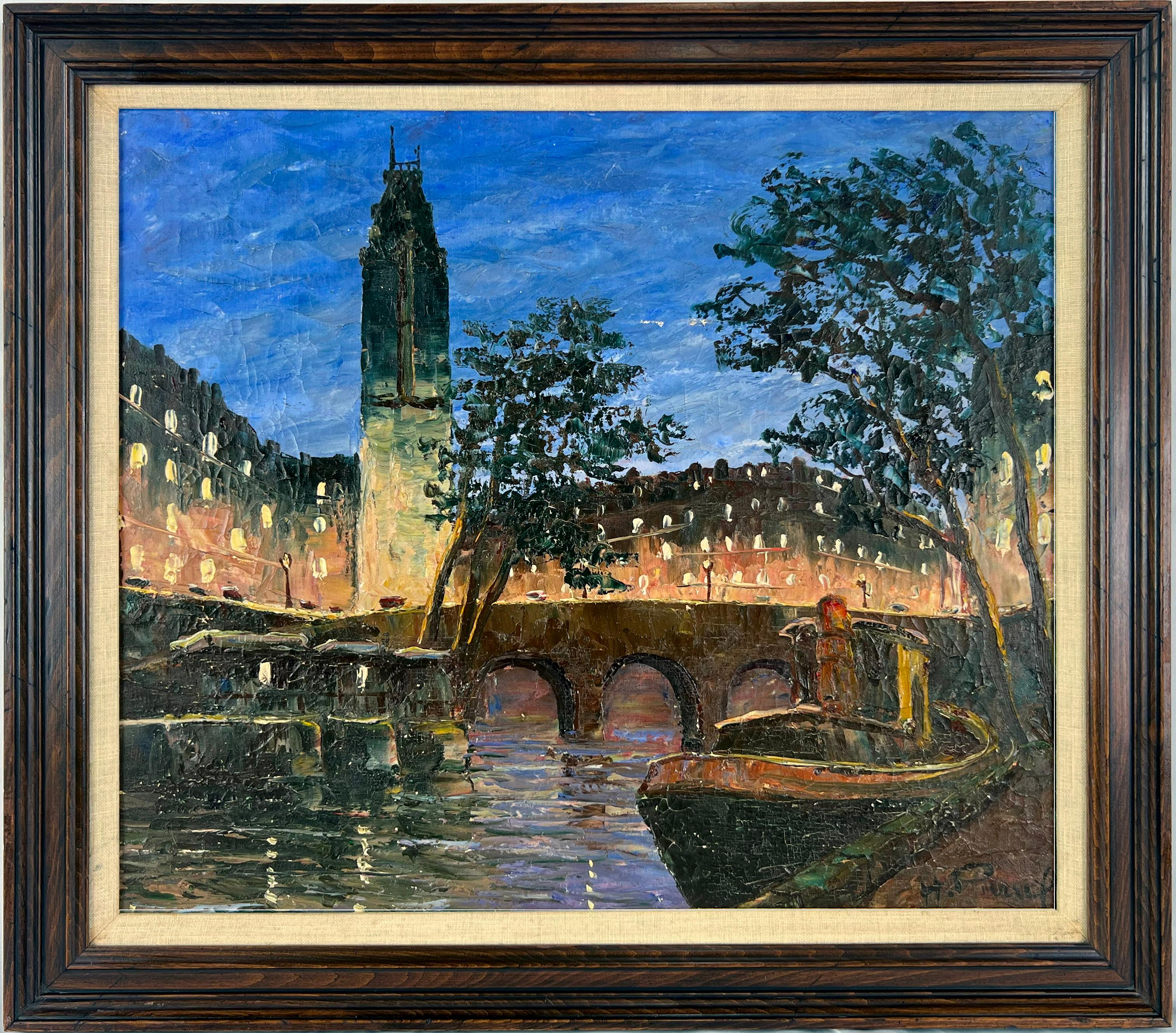 Petit Pont-Neuf - Pont Saint-Michel Paris Bridge at Night Original Oil on Linen