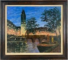 Petit Pont-Neuf - Puente Saint-Michel París de noche Óleo original sobre lino