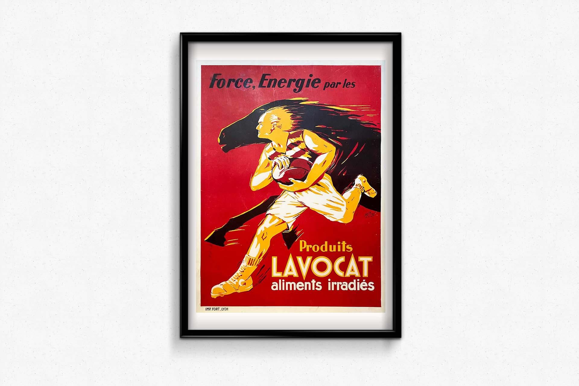 This magnificent original poster from the late Art Deco period was created for the Lavocat brand.
It shows a rugby player running at stallion speed - no doubt thanks to Lavocat, an 