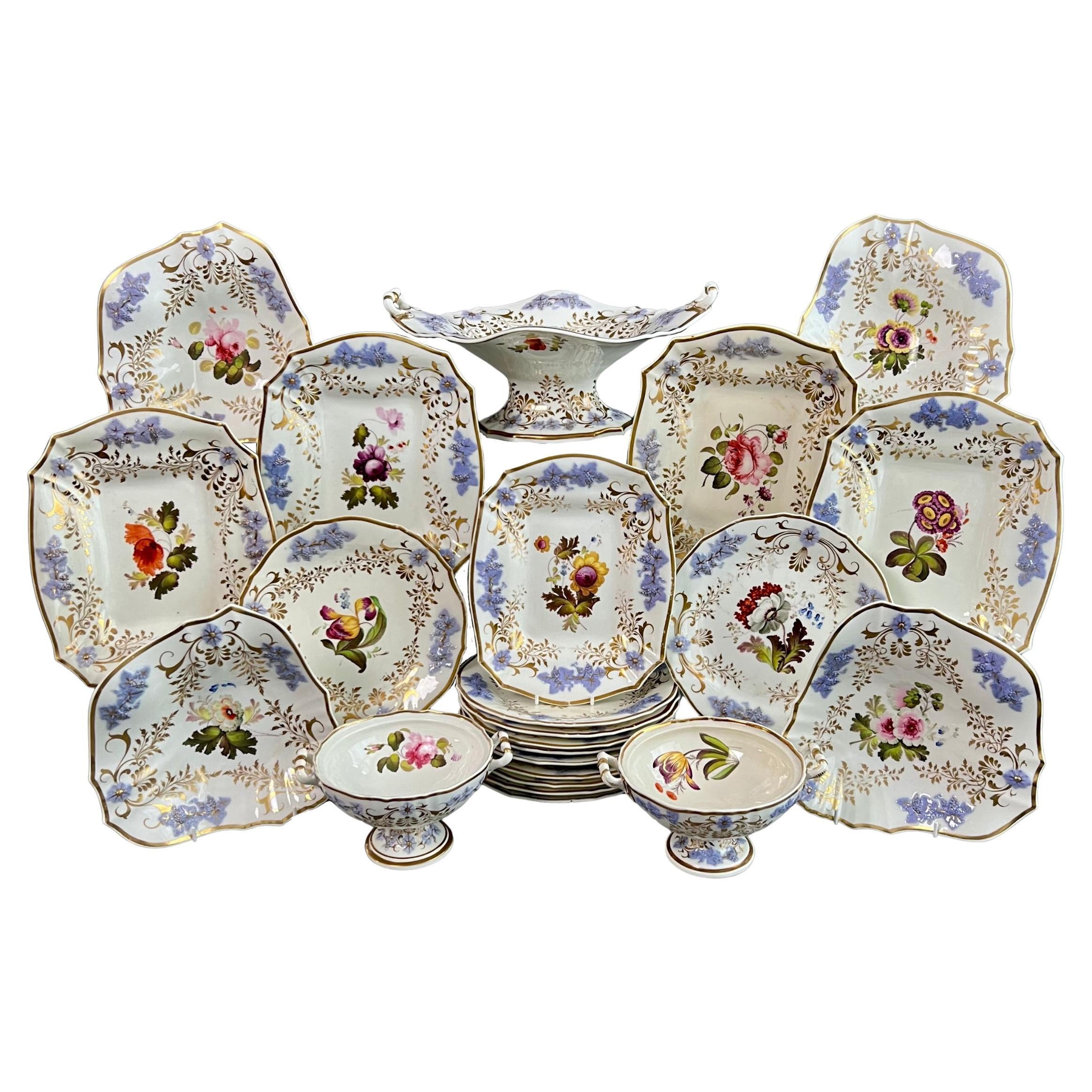 H & R Daniel Dessert Service, Floral with Lilac Sprigging, Regency, 1824