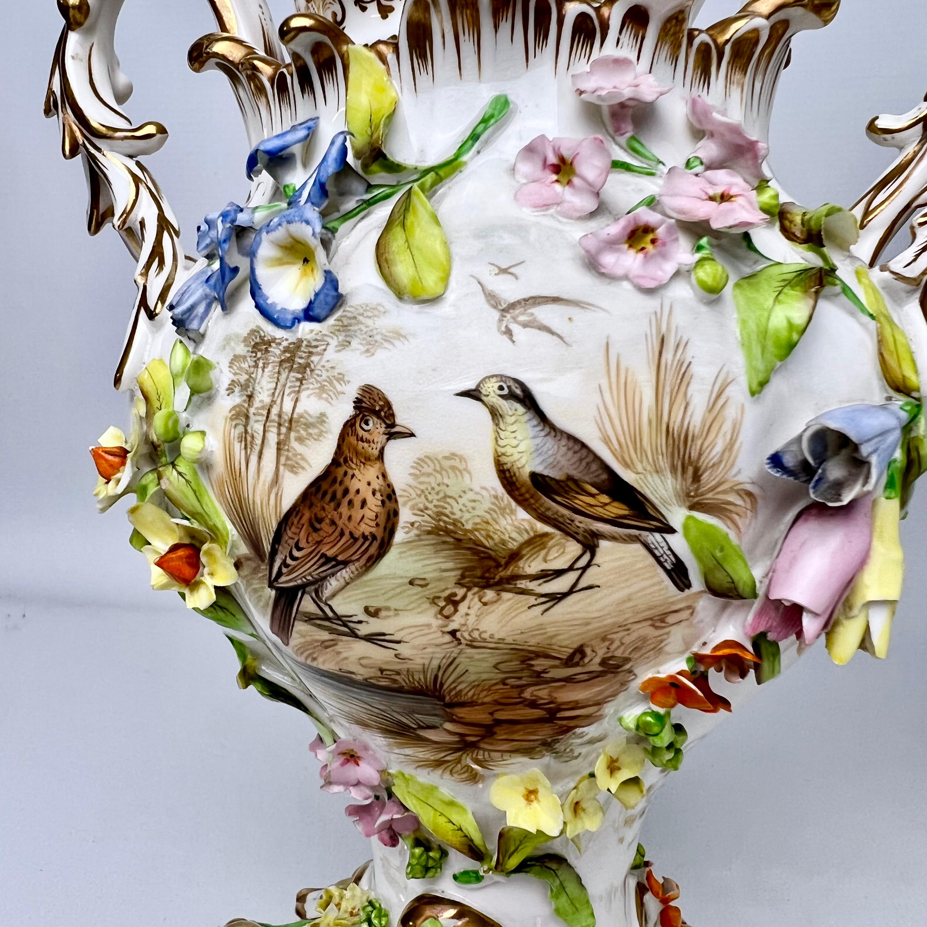 H & R Daniel Garniture of 3 Potpourri Vases, Encrusted Flowers, Birds, ca 1840 2