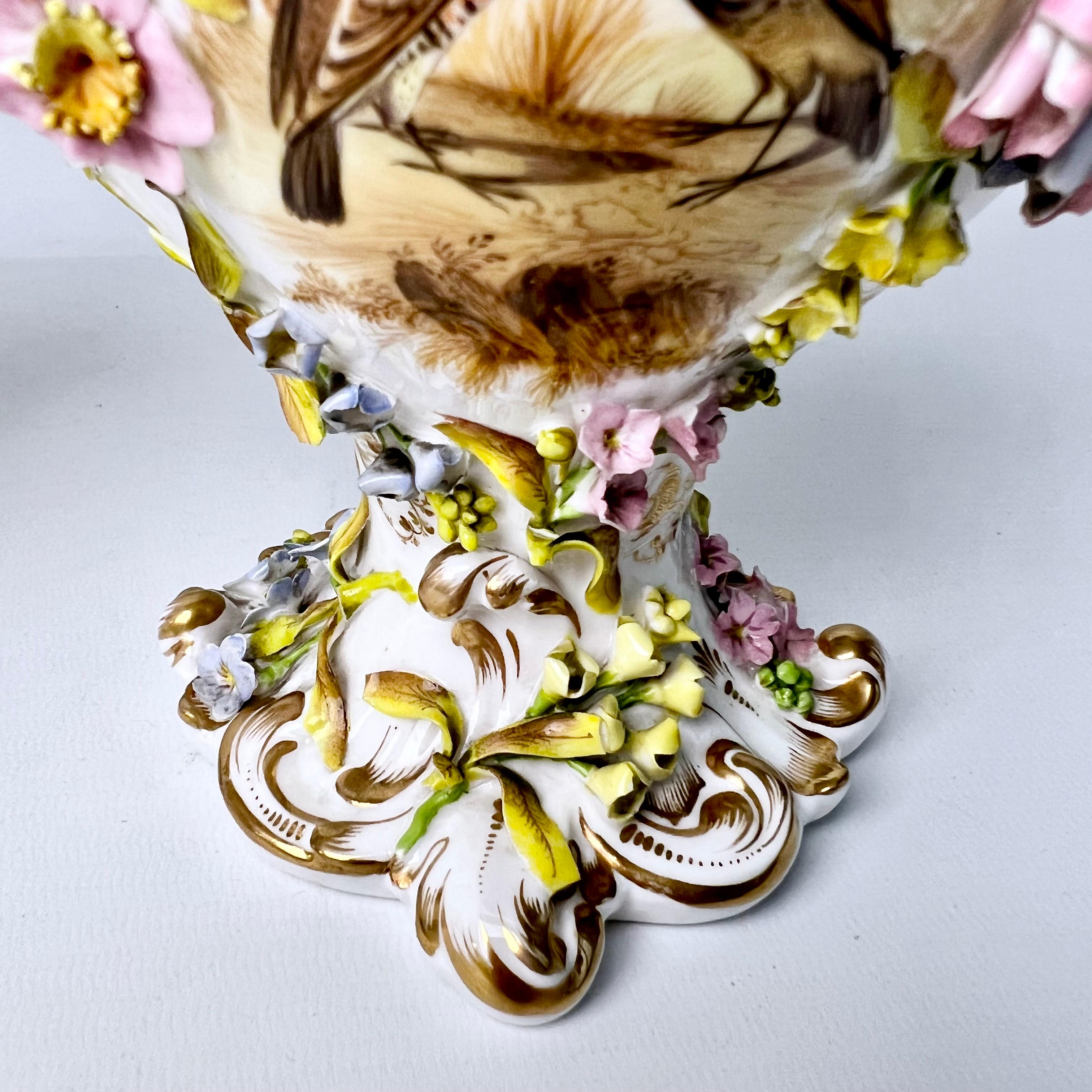 H & R Daniel Garniture of 3 Potpourri Vases, Encrusted Flowers, Birds, ca 1840 3