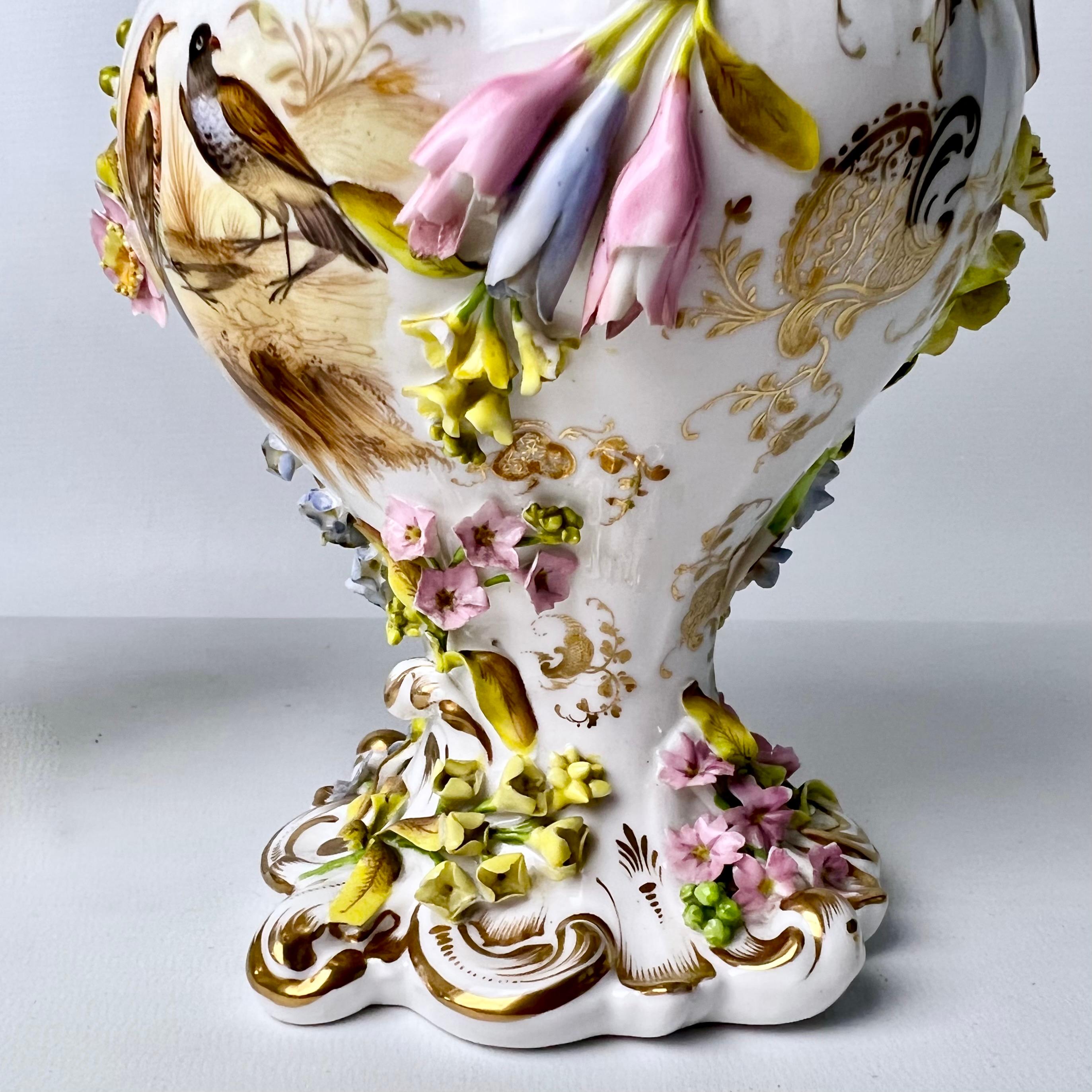 H & R Daniel Garniture of 3 Potpourri Vases, Encrusted Flowers, Birds, ca 1840 4