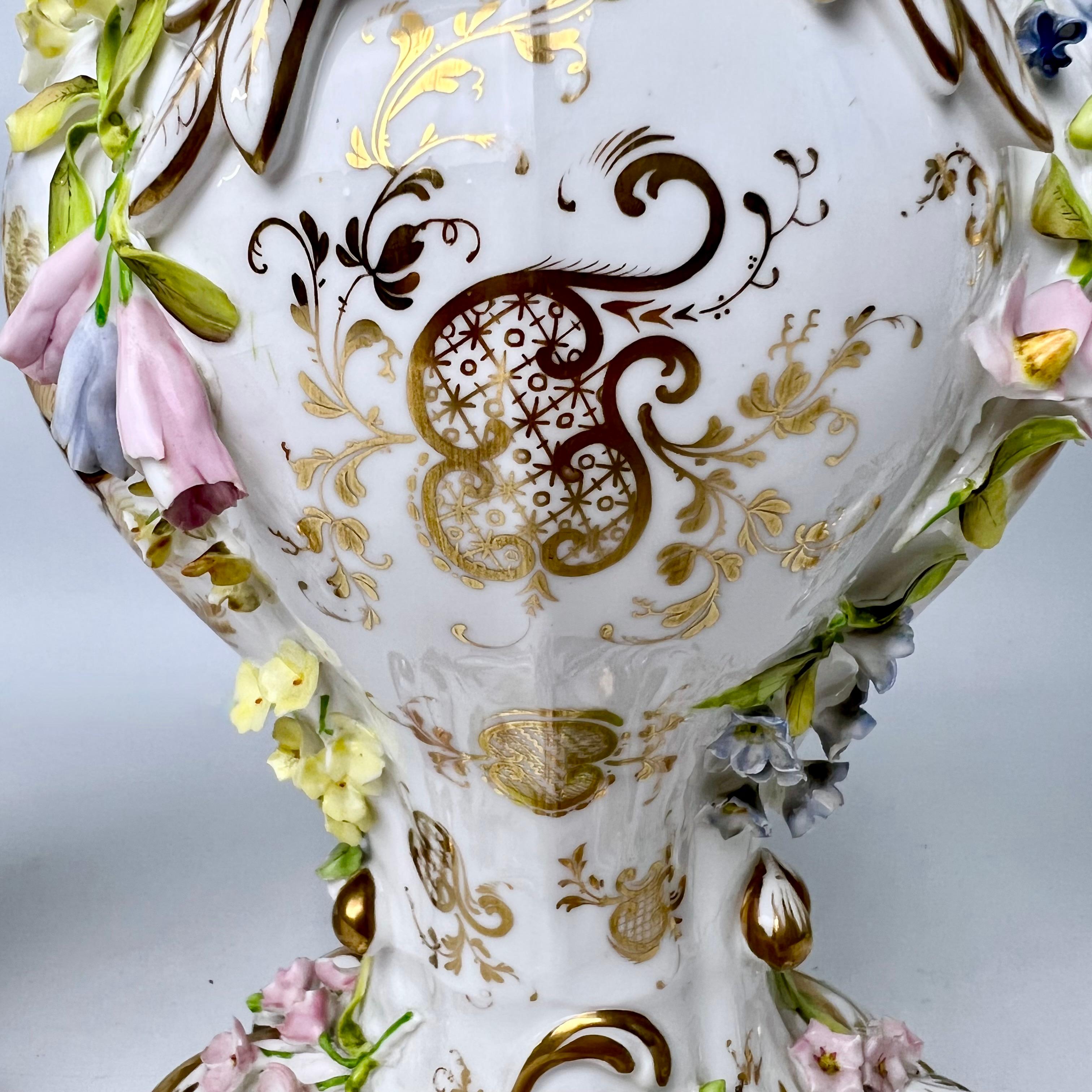 H & R Daniel Garniture of 3 Potpourri Vases, Encrusted Flowers, Birds, ca 1840 5