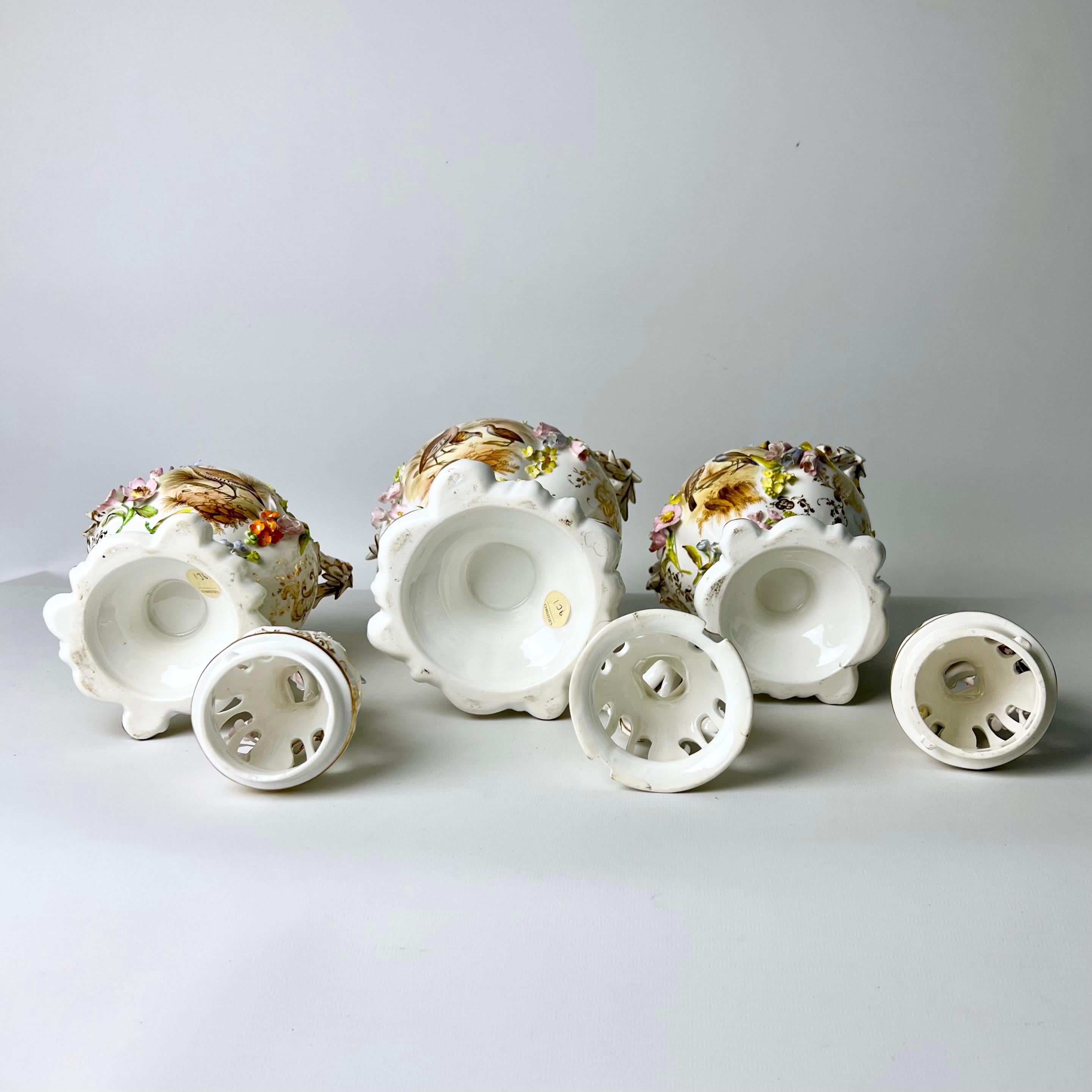 H & R Daniel Garniture of 3 Potpourri Vases, Encrusted Flowers, Birds, ca 1840 8
