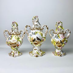 H & R Daniel Garniture of 3 Potpourri Vases, Encrusted Flowers, Birds, ca 1840