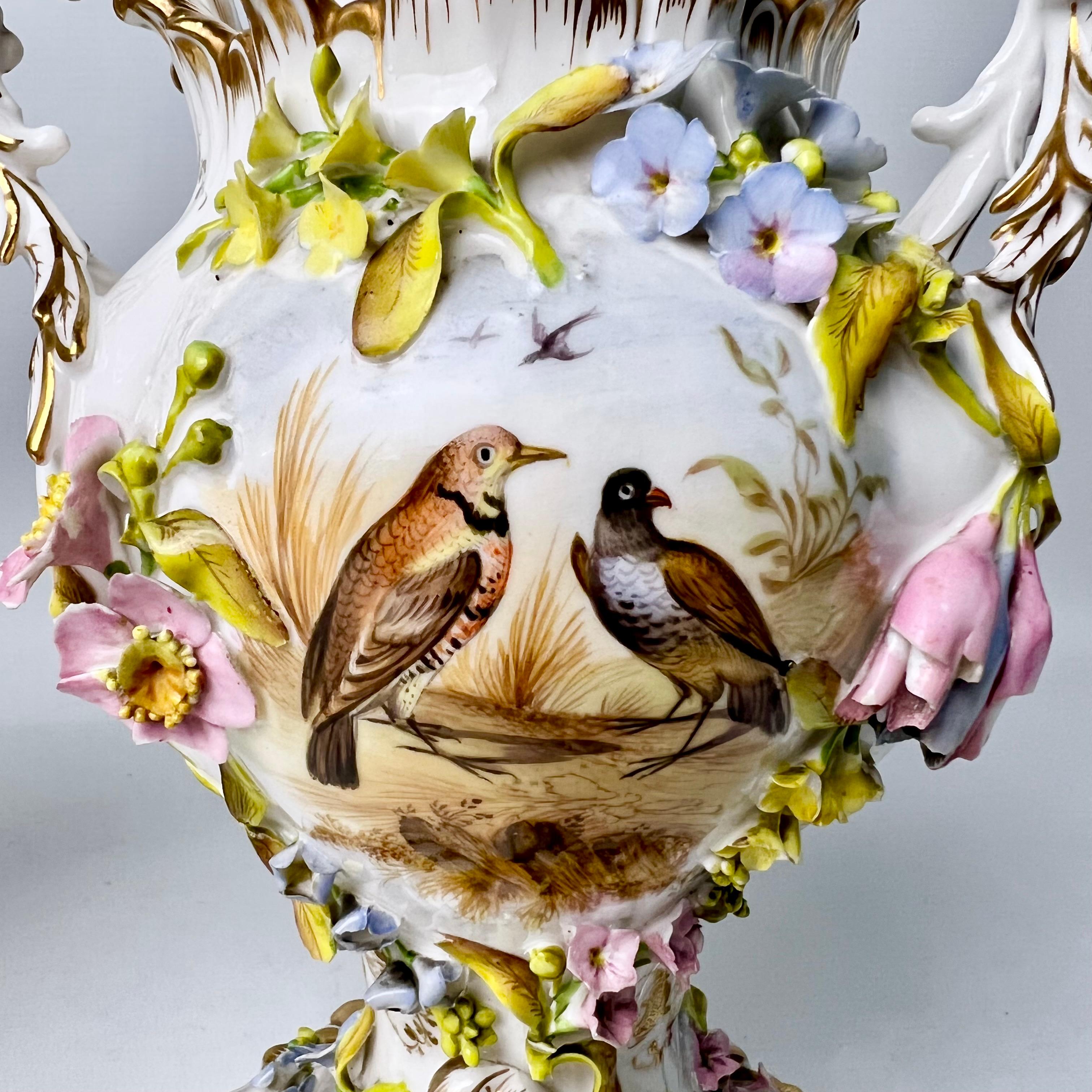 Rococo Revival H & R Daniel Garniture of 3 Potpourri Vases, Encrusted Flowers, Birds, ca 1840