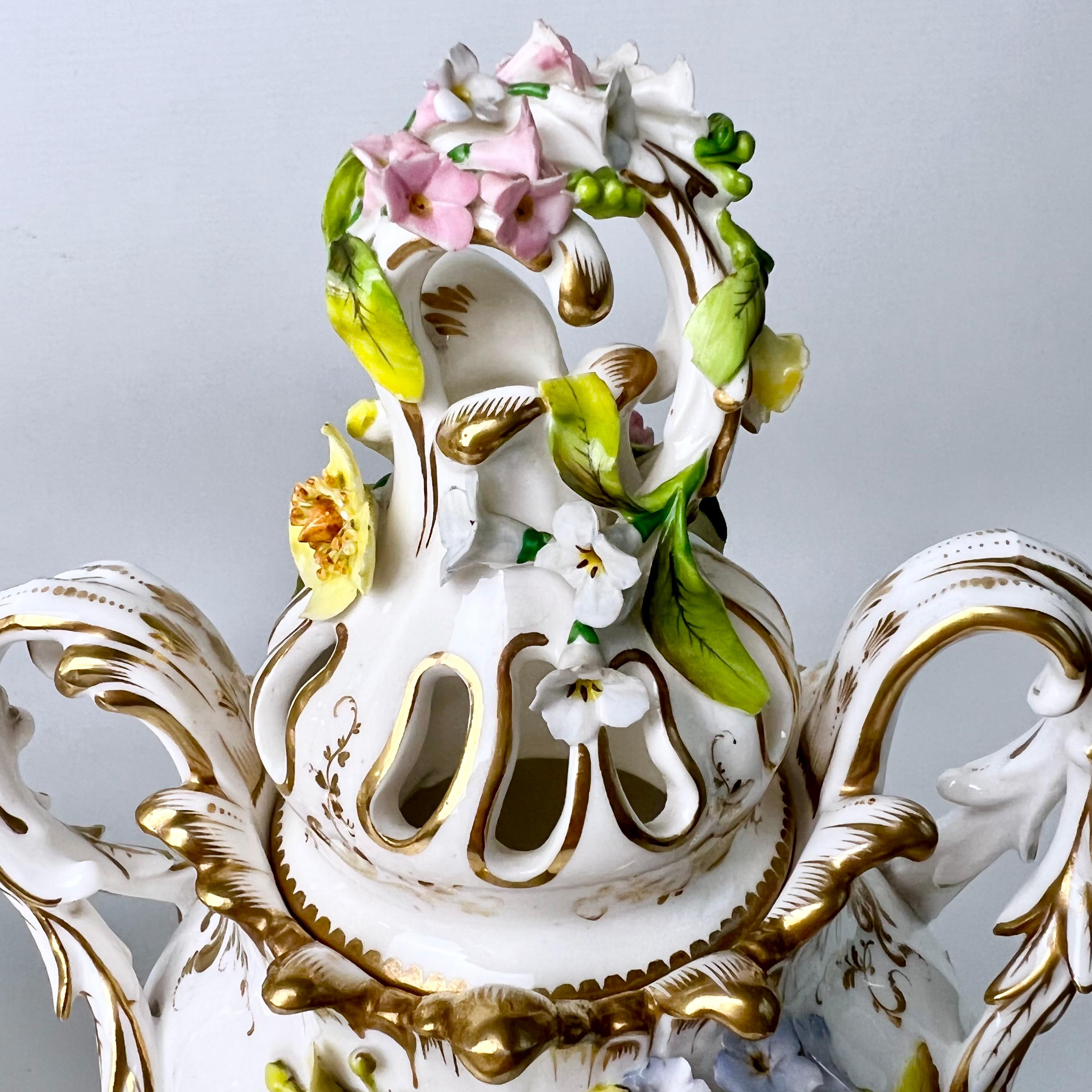 English H & R Daniel Garniture of 3 Potpourri Vases, Encrusted Flowers, Birds, ca 1840