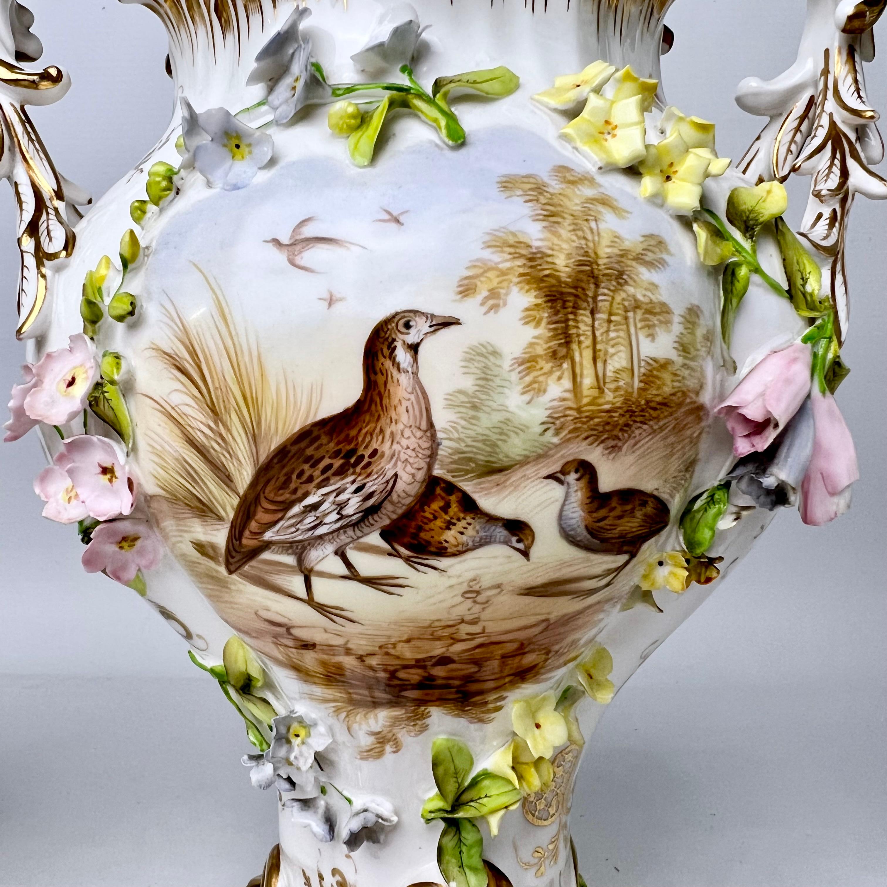 Hand-Painted H & R Daniel Garniture of 3 Potpourri Vases, Encrusted Flowers, Birds, ca 1840