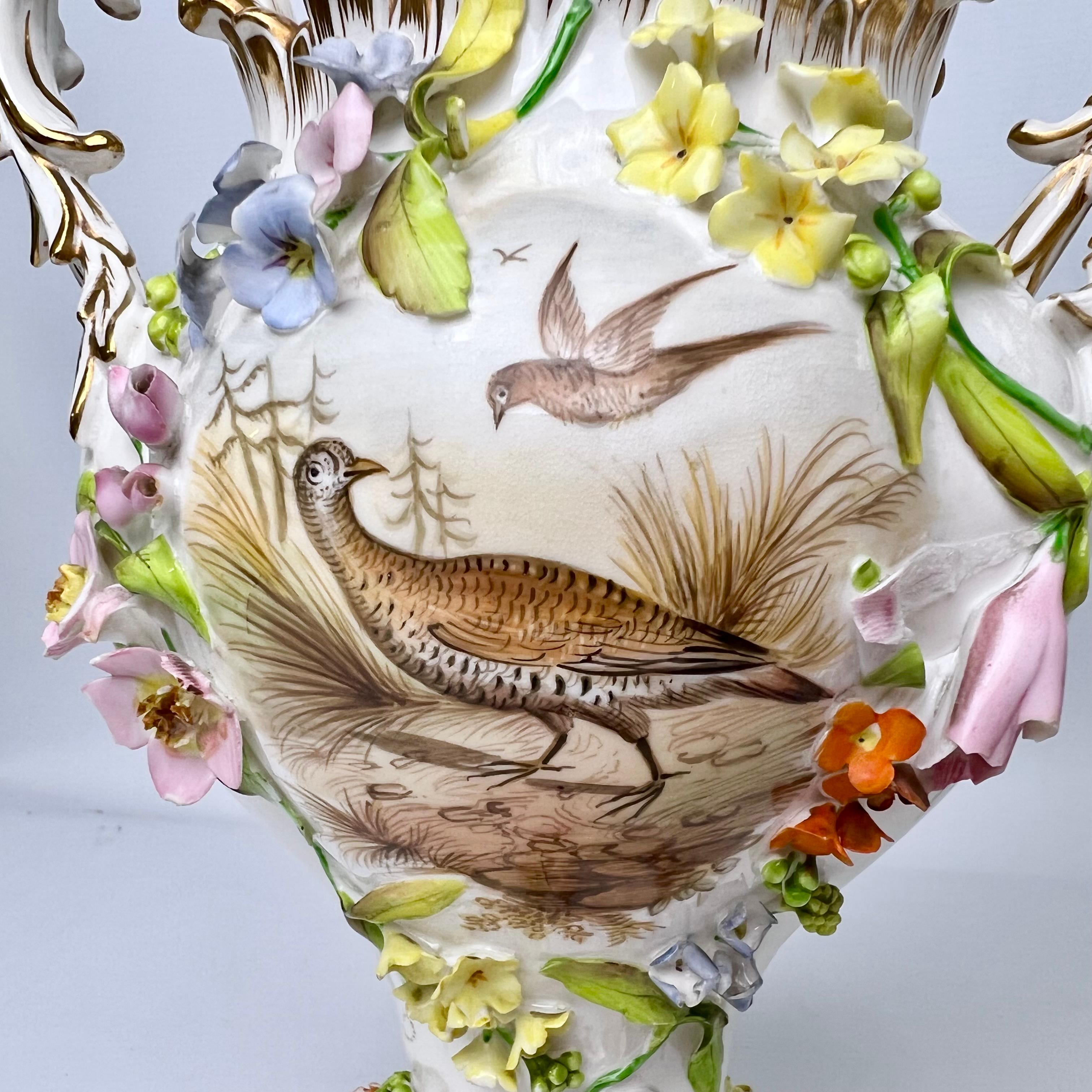 Porcelain H & R Daniel Garniture of 3 Potpourri Vases, Encrusted Flowers, Birds, ca 1840