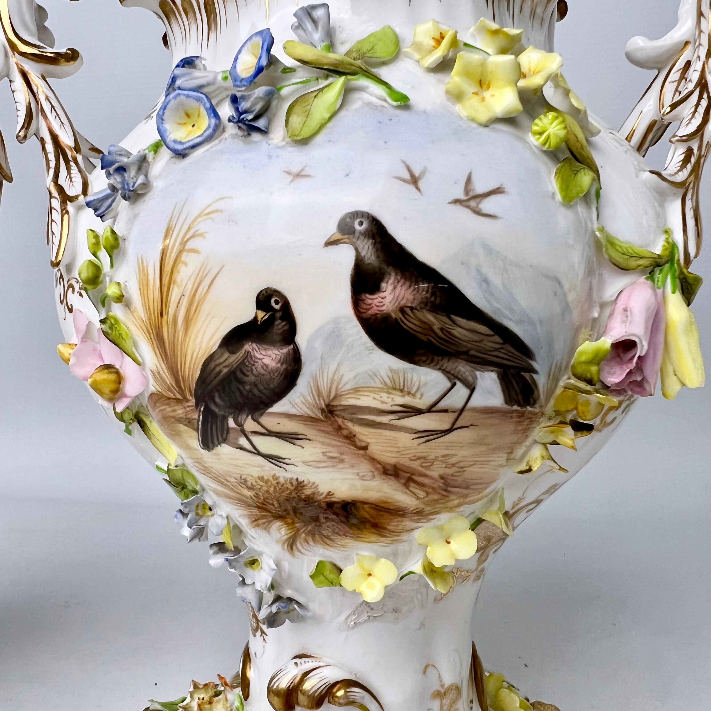 H & R Daniel Garniture of 3 Potpourri Vases, Encrusted Flowers, Birds, ca 1840 1