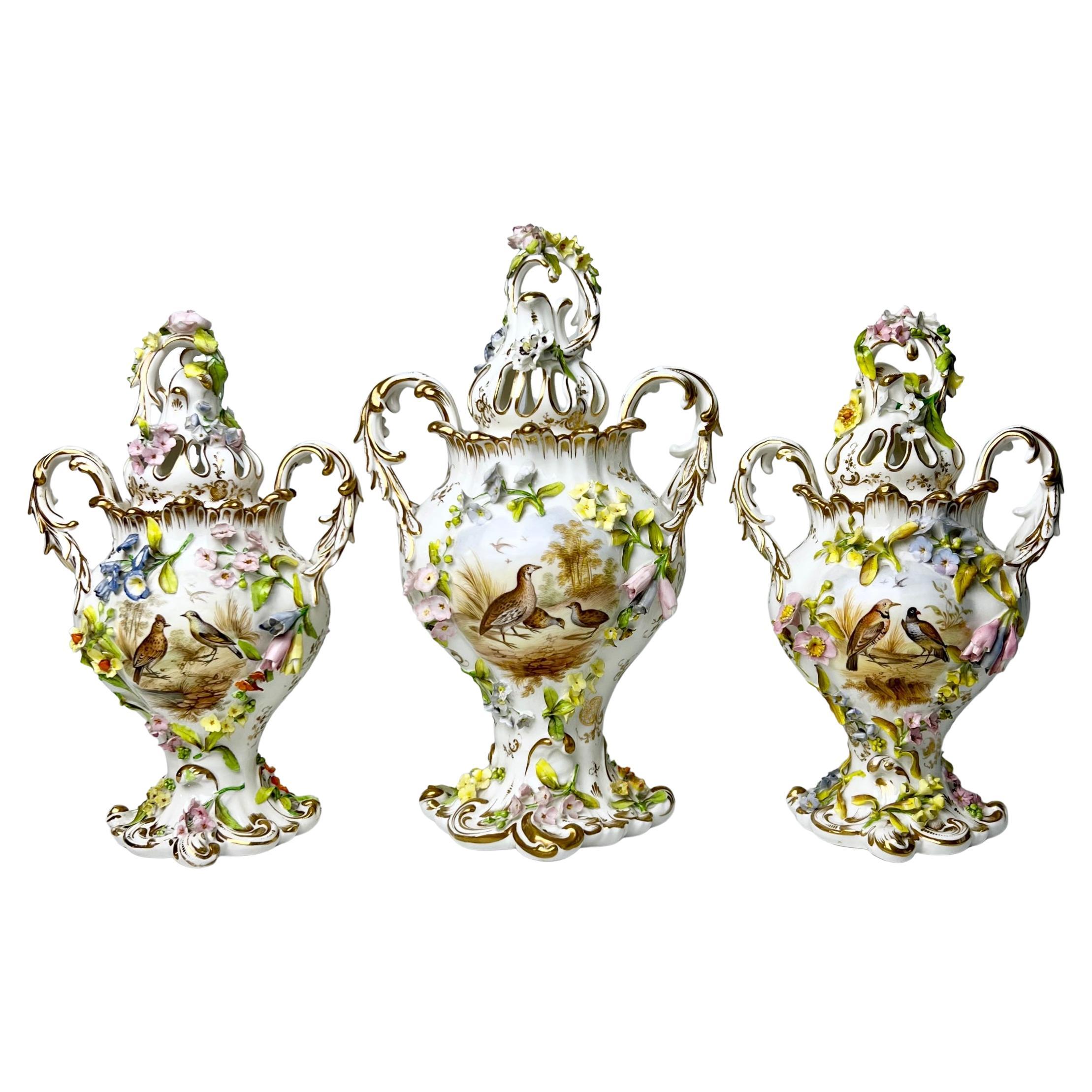H & R Daniel Garniture of 3 Potpourri Vases, Encrusted Flowers, Birds, ca 1840