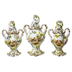 H & R Daniel Garniture of 3 Potpourri Vases, Encrusted Flowers, Birds, ca 1840