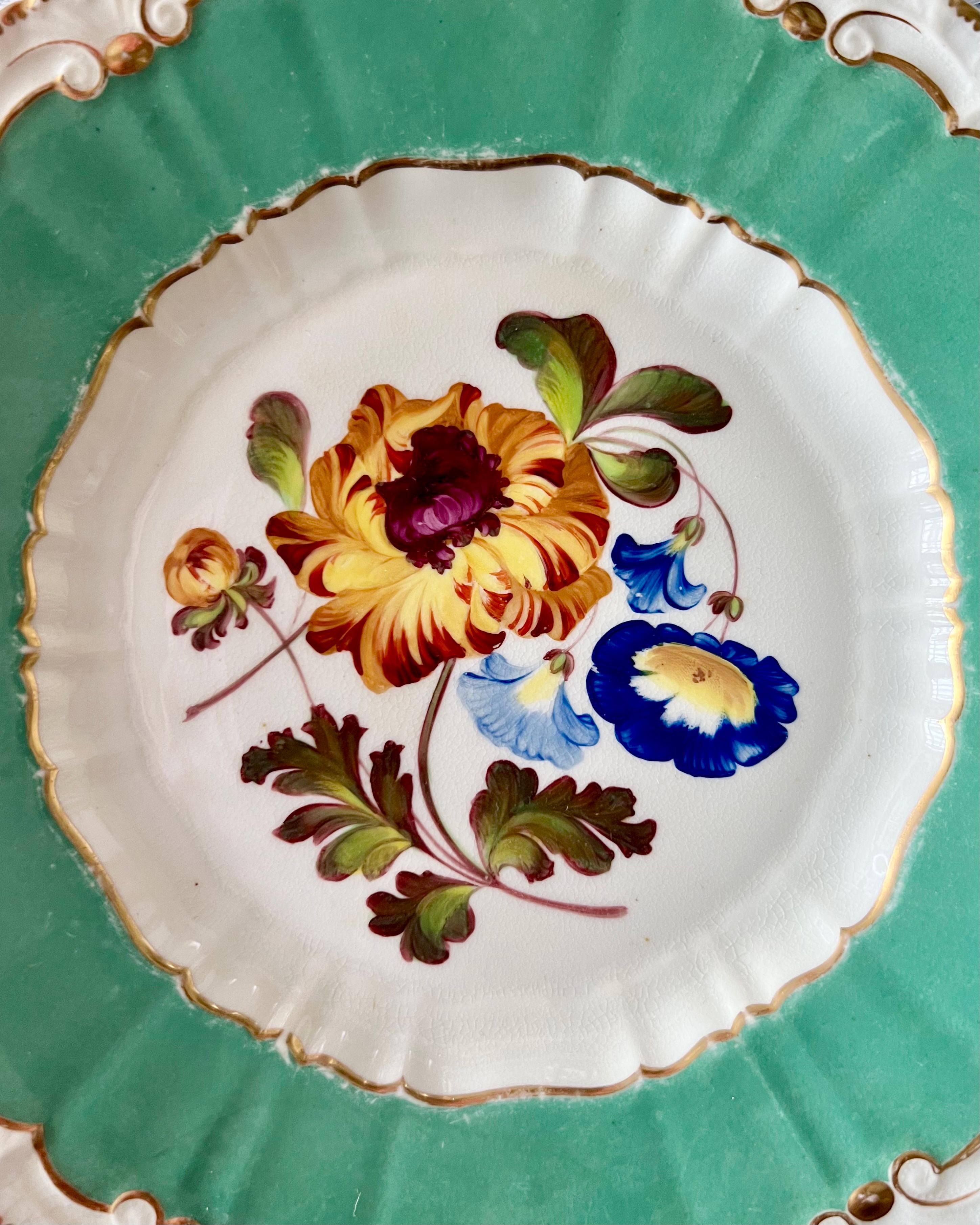 H & R Daniel Part Dessert Service, Green, Sublime Flowers, Rococo Revival Ca1830 3