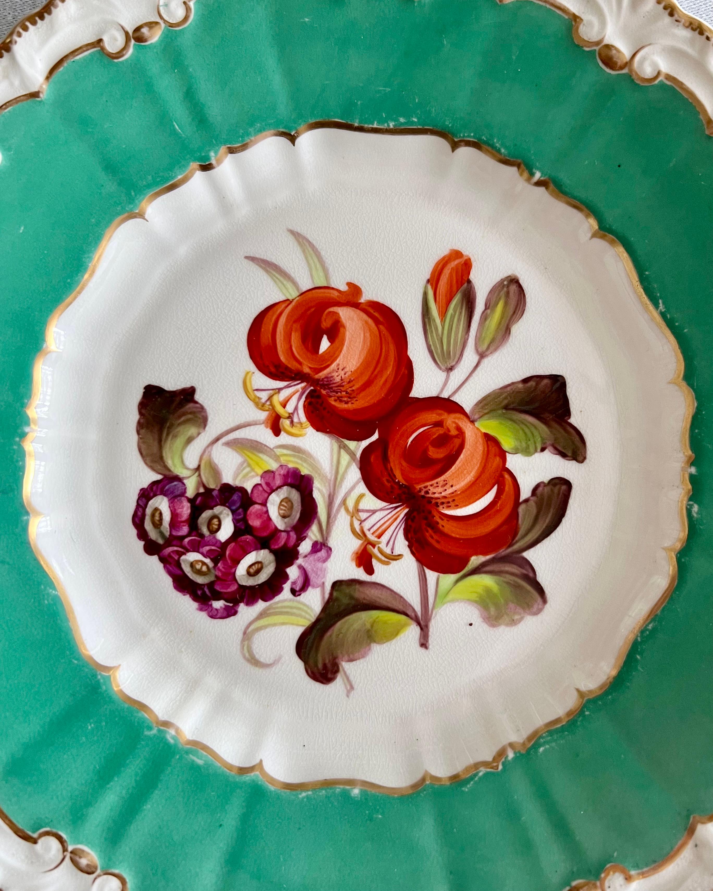 H & R Daniel Part Dessert Service, Green, Sublime Flowers, Rococo Revival Ca1830 5
