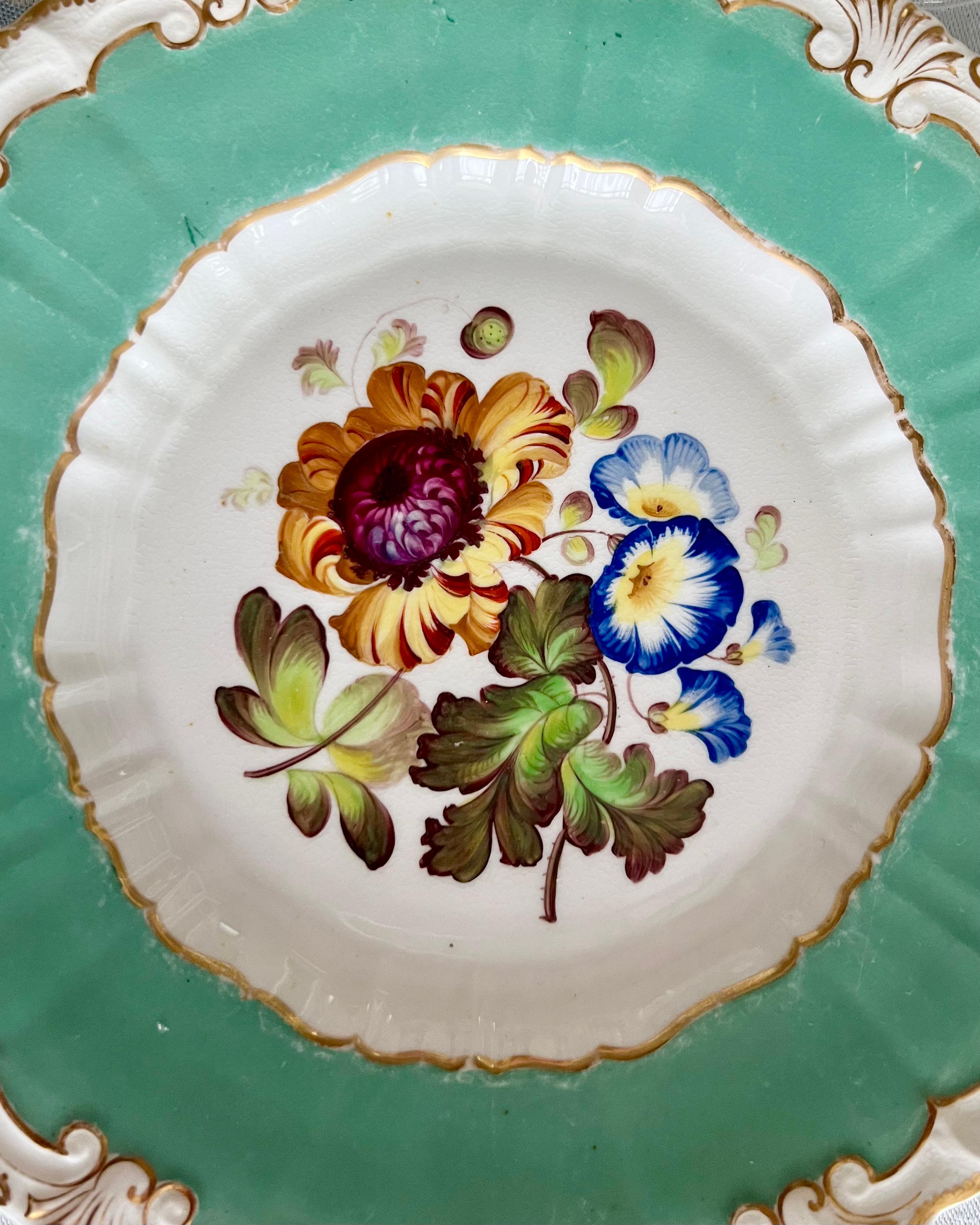 H & R Daniel Part Dessert Service, Green, Sublime Flowers, Rococo Revival Ca1830 6