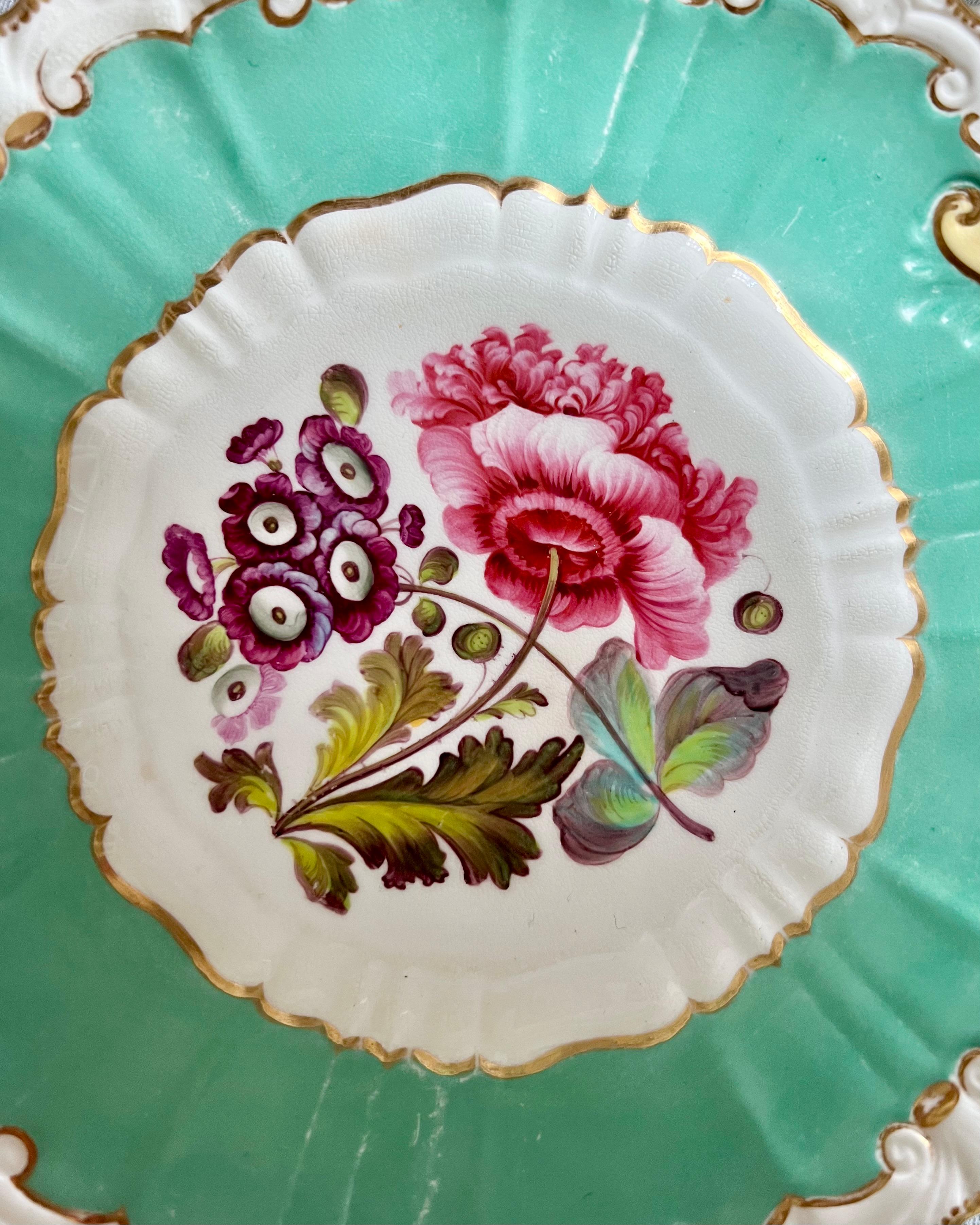 H & R Daniel Part Dessert Service, Green, Sublime Flowers, Rococo Revival Ca1830 7