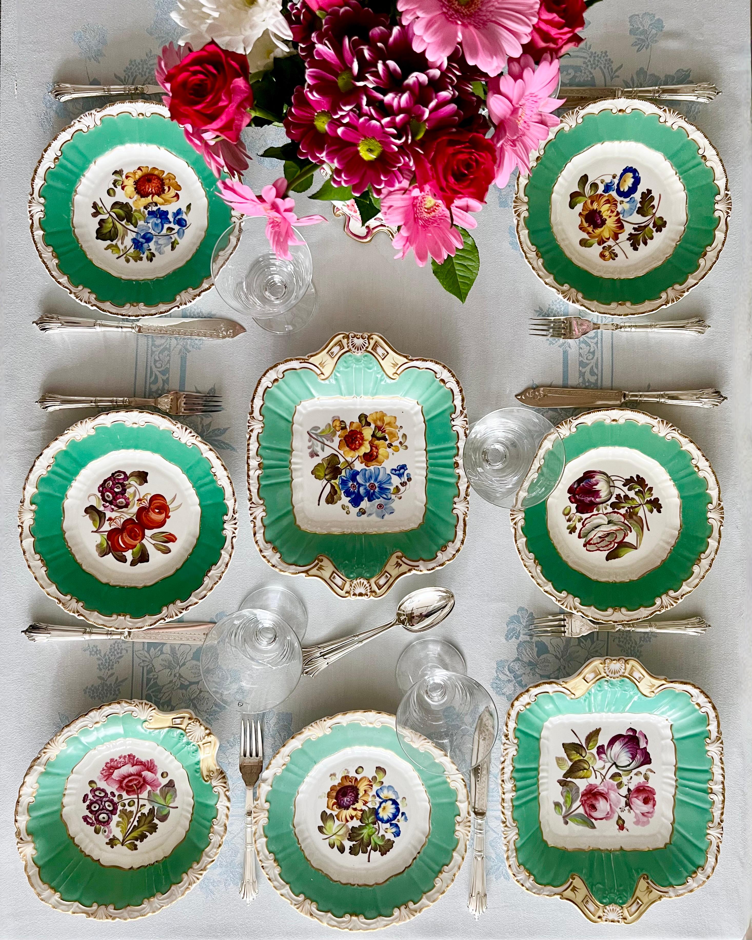 This is a stunning part dessert service made by H&R Daniel between 1828 and 1831. The set consists of 2 square dishes, one round dish and five plates, and it is of sublime decorative quality.

The H & R Daniel porcelain factory was founded by