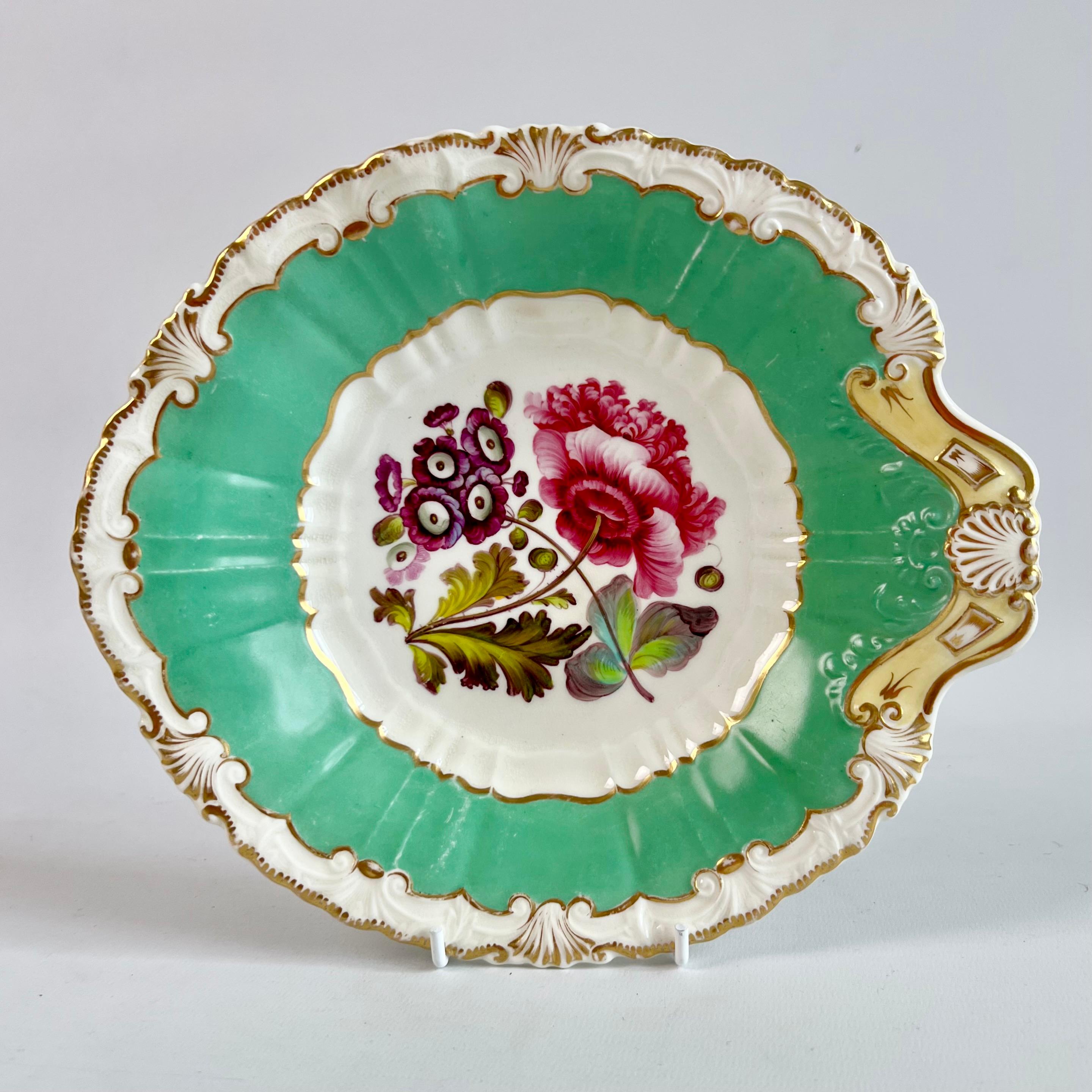 Hand-Painted H & R Daniel Part Dessert Service, Green, Sublime Flowers, Rococo Revival Ca1830