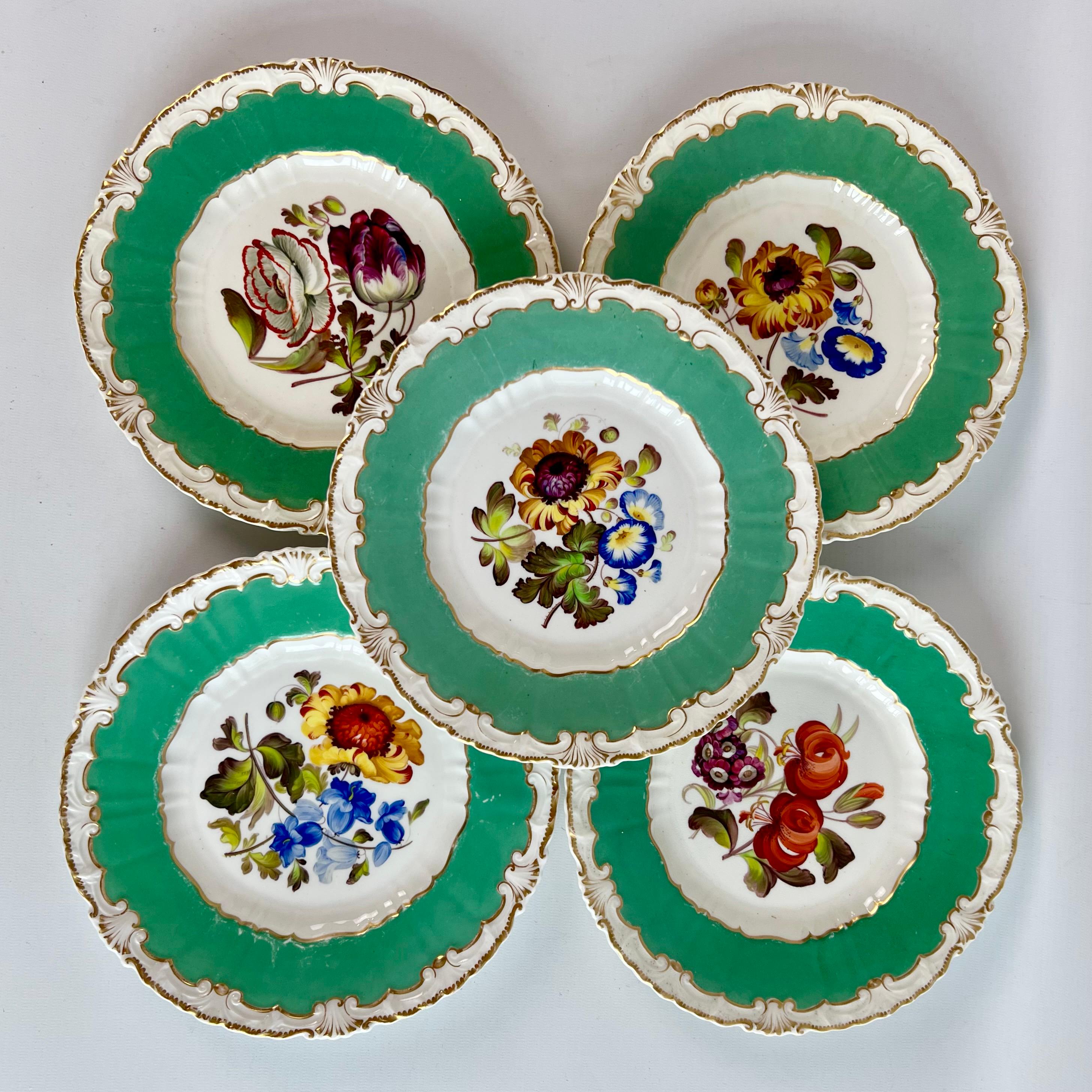 Early 19th Century H & R Daniel Part Dessert Service, Green, Sublime Flowers, Rococo Revival Ca1830