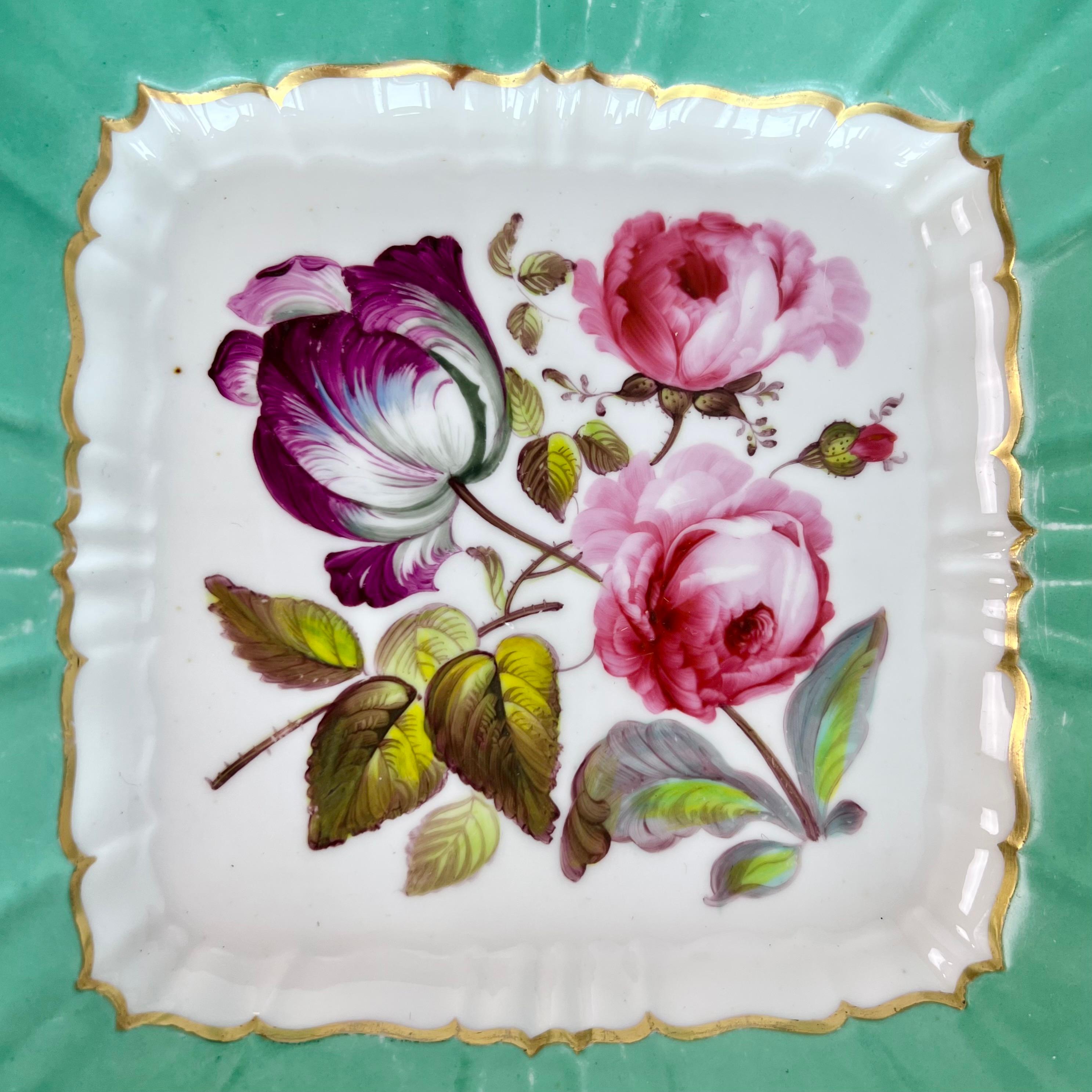 Porcelain H & R Daniel Part Dessert Service, Green, Sublime Flowers, Rococo Revival Ca1830