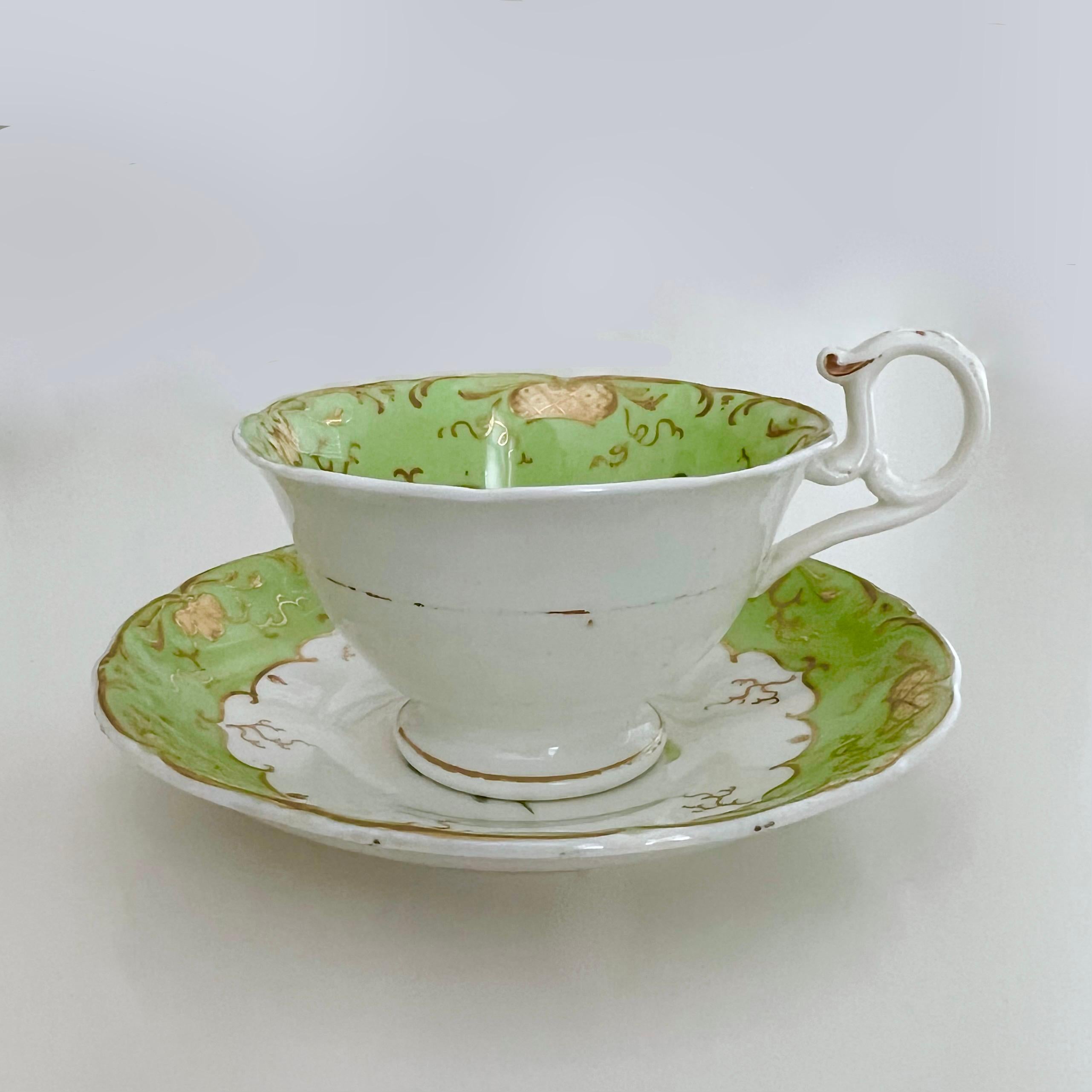 H & R Daniel Porcelain Teacup, Apple Green with Pink Roses, Rococo Revival C1840 5