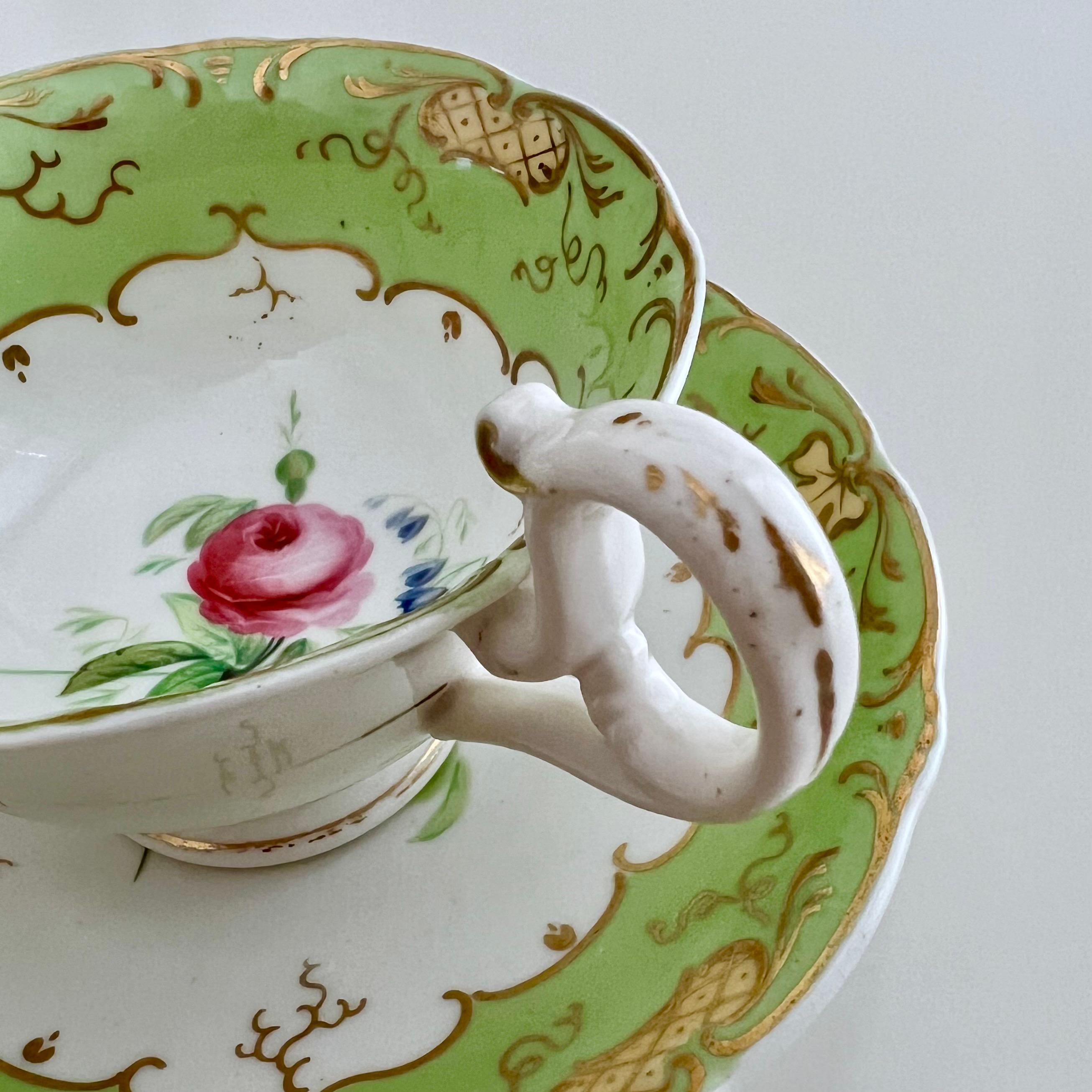 H & R Daniel Porcelain Teacup, Apple Green with Pink Roses, Rococo Revival C1840 6