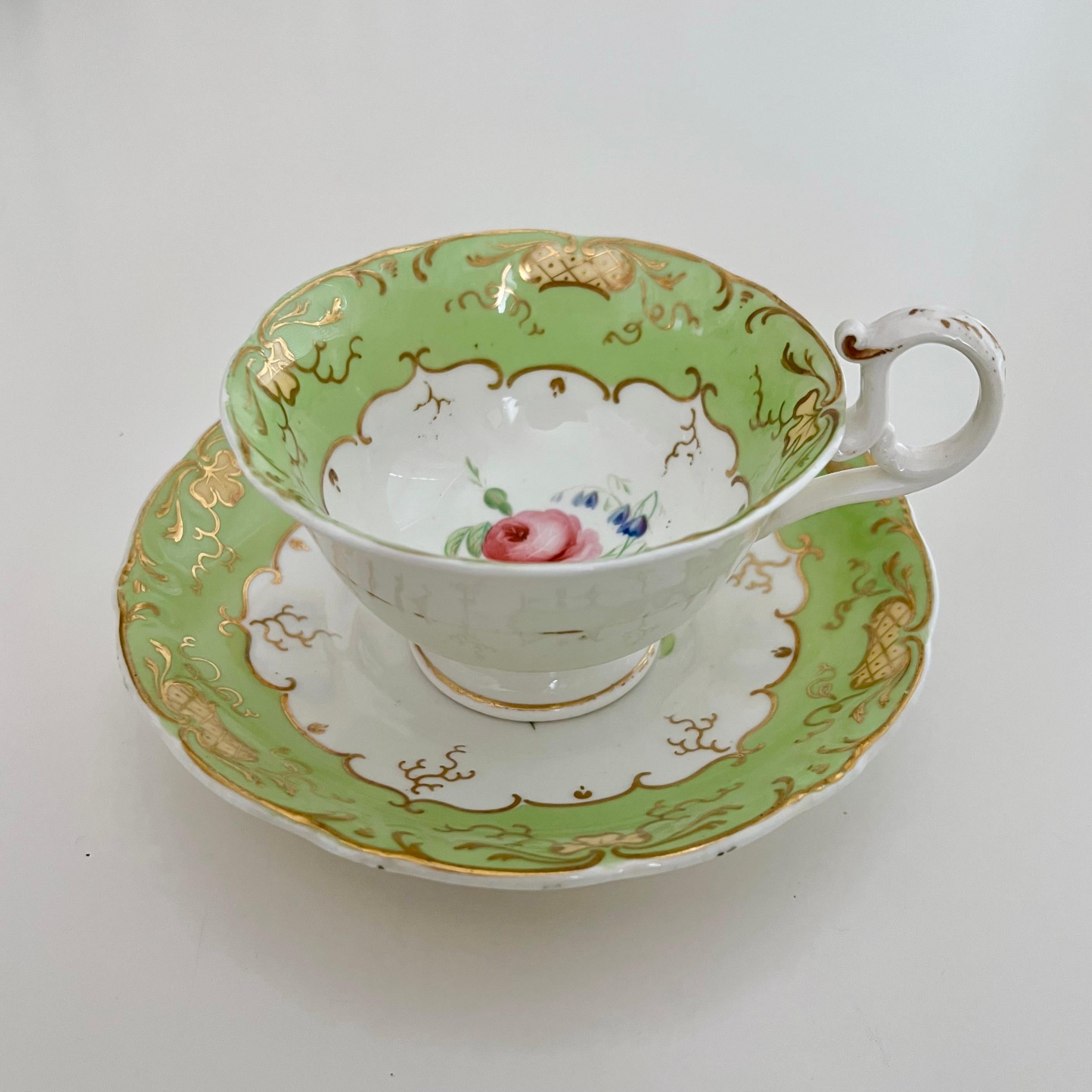 English H & R Daniel Porcelain Teacup, Apple Green with Pink Roses, Rococo Revival C1840