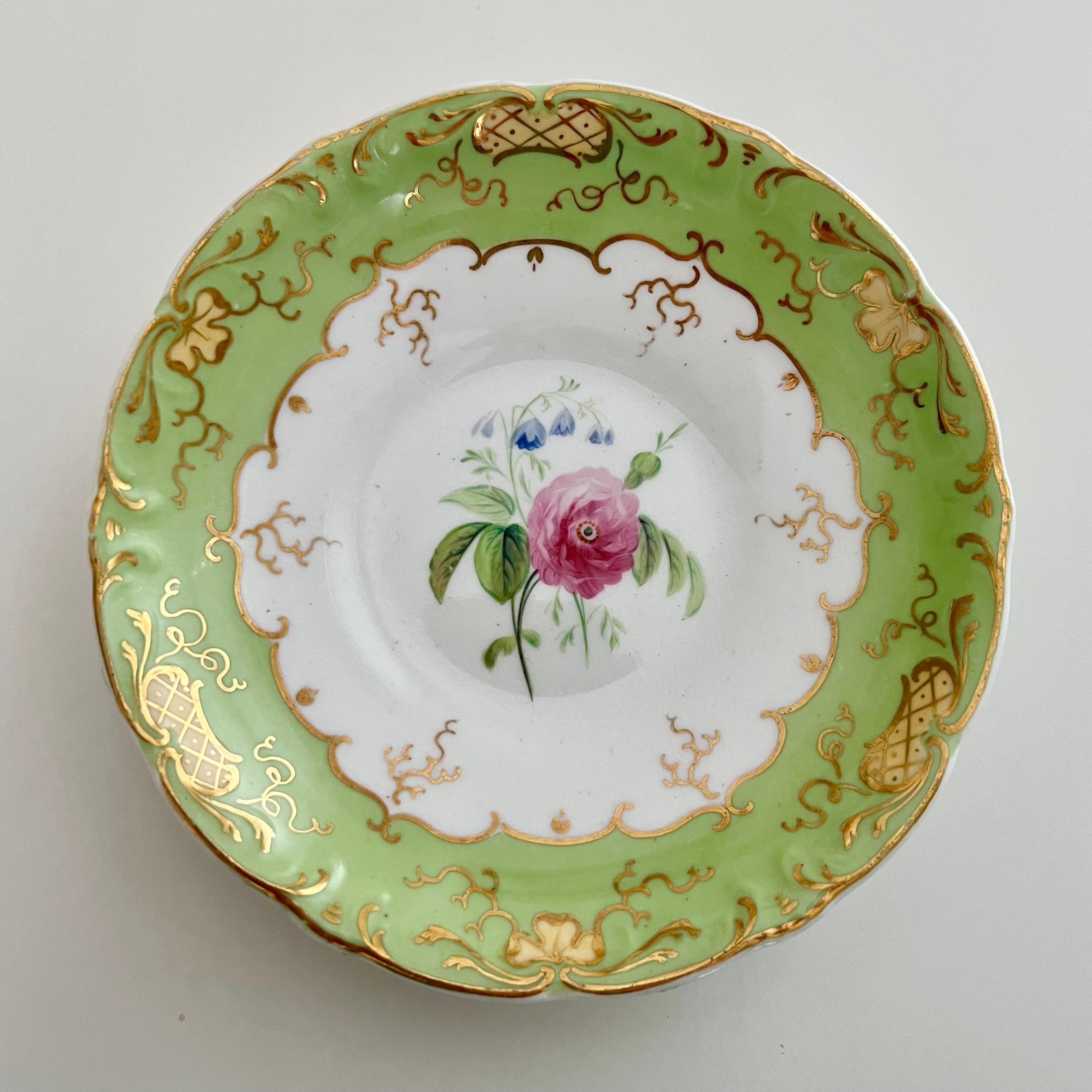 H & R Daniel Porcelain Teacup, Apple Green with Pink Roses, Rococo Revival C1840 In Good Condition In London, GB