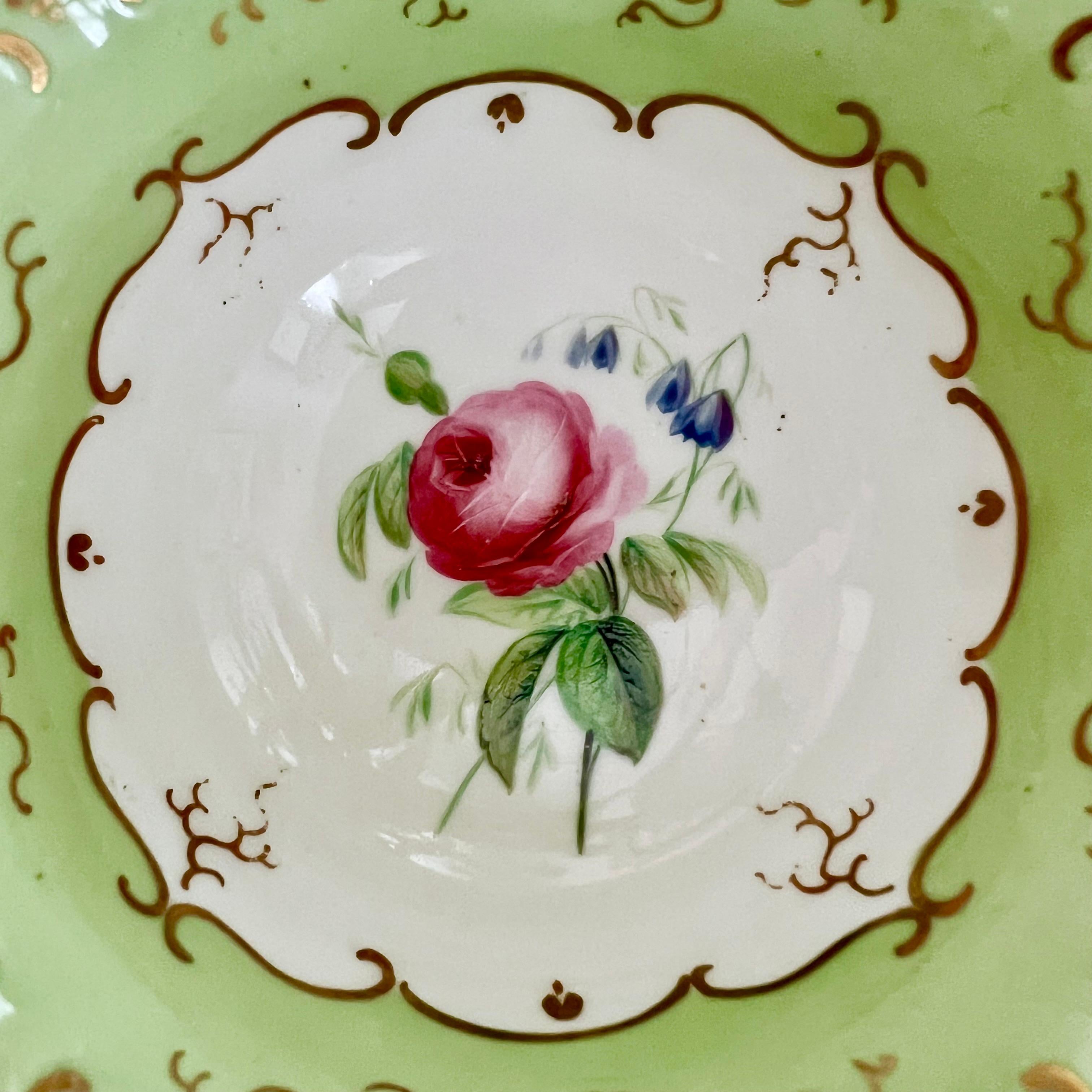 Mid-19th Century H & R Daniel Porcelain Teacup, Apple Green with Pink Roses, Rococo Revival C1840