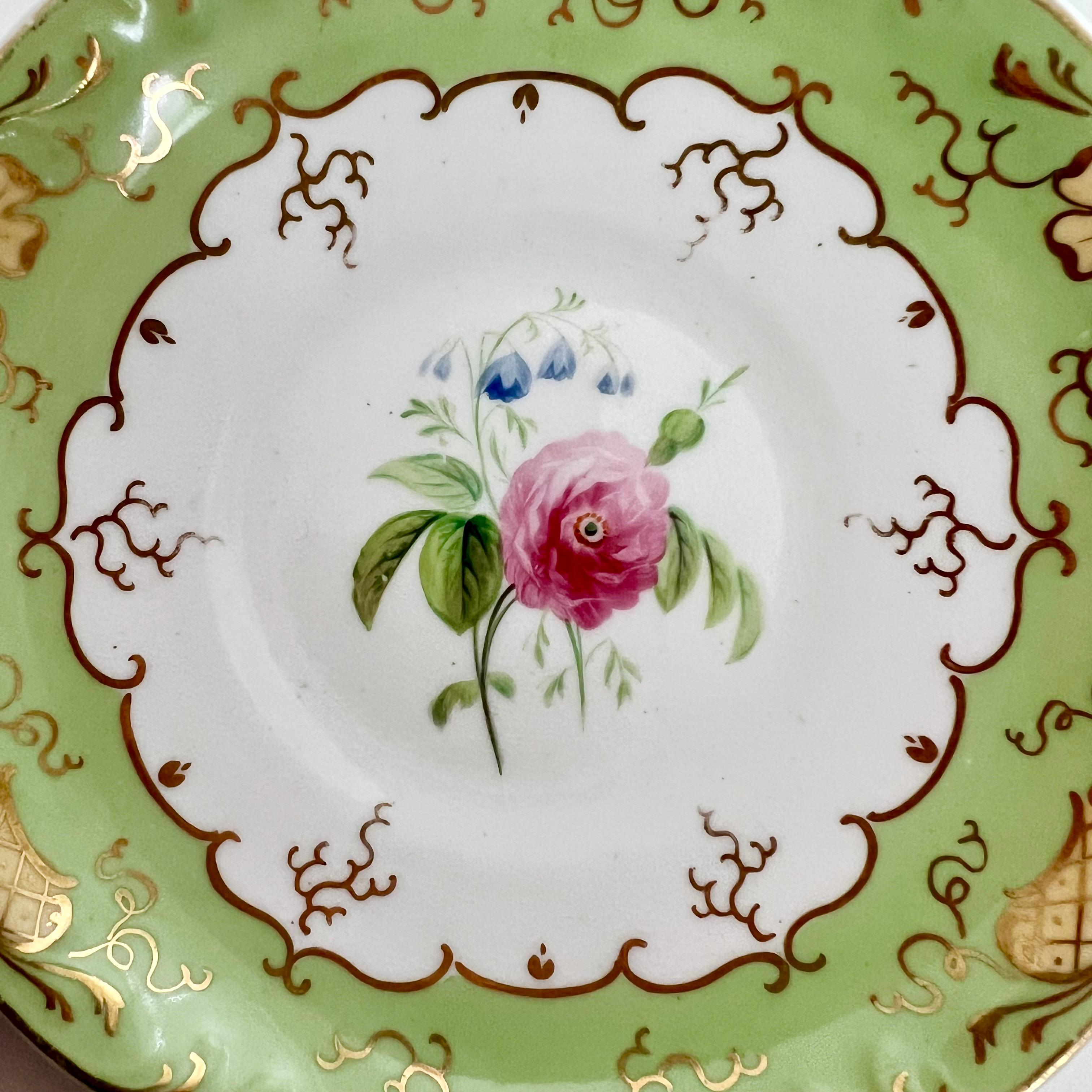 H & R Daniel Porcelain Teacup, Apple Green with Pink Roses, Rococo Revival C1840 1