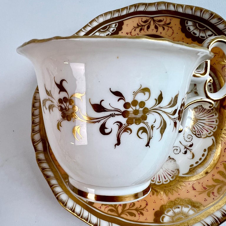 H & R Daniel Porcelain Teacup Trio, Peach and Gilt Shells, Regency ca 1825 For Sale 8