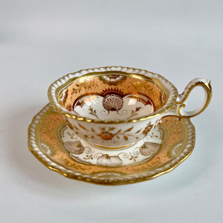 Hand-Painted H & R Daniel Porcelain Teacup Trio, Peach and Gilt Shells, Regency ca 1825 For Sale