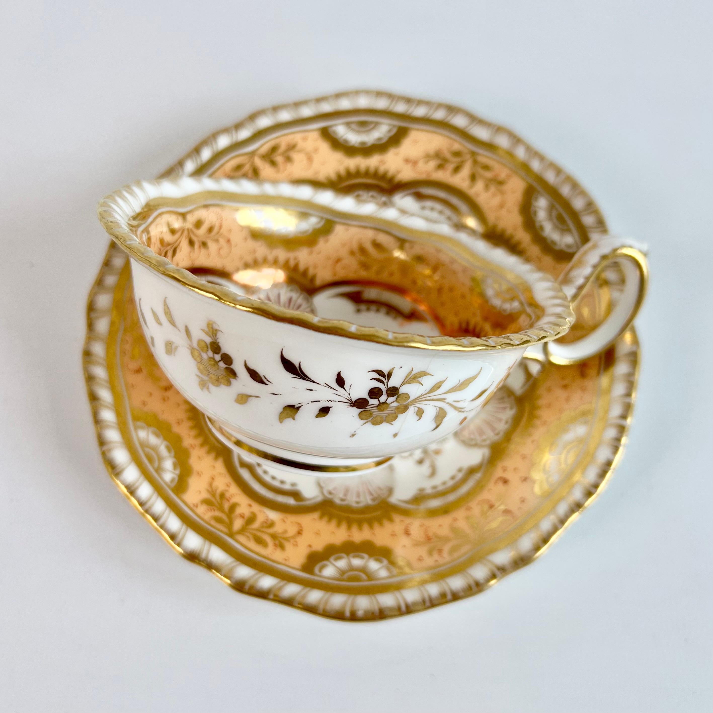 H & R Daniel Porcelain Teacup Trio, Peach and Gilt Shells, Regency ca 1825 3