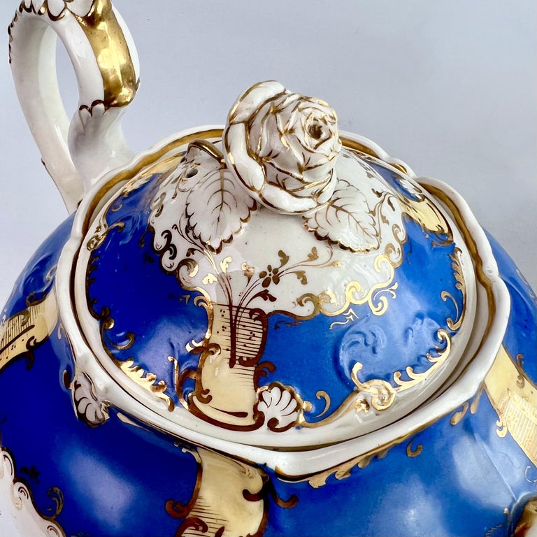 Mid-19th Century H & R Daniel Porcelain Teapot Set, Royal Blue and Gilt, Rococo Revival, 1831 For Sale
