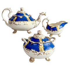 Antique H & R Daniel Porcelain Teapot Set, Royal Blue and Gilt, Rococo Revival, 1831