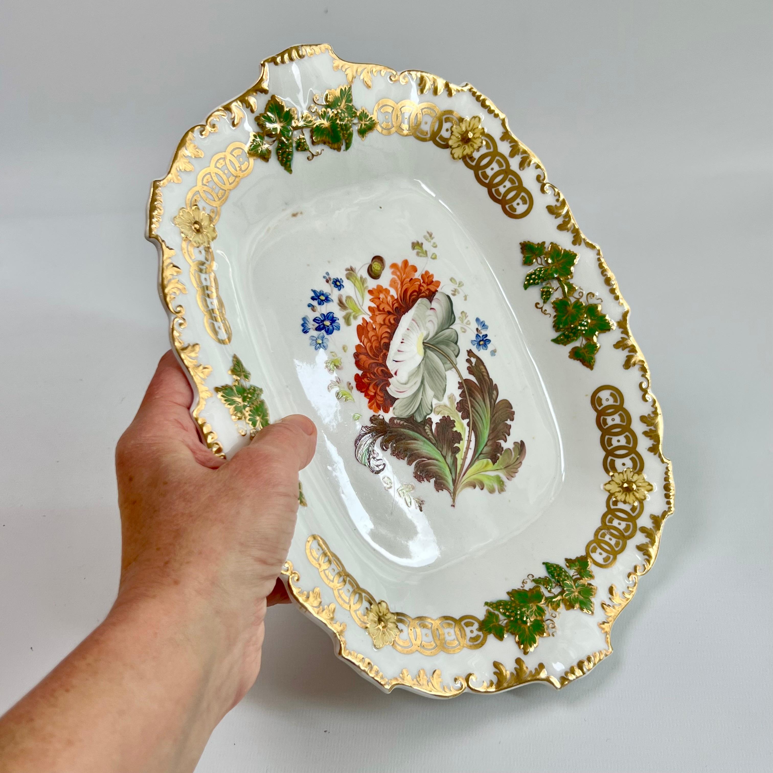 Hand-Painted H & R Daniel Rectangular Dish, Shrewsbury Shape, Red Dahlia, Regency ca 1827 For Sale