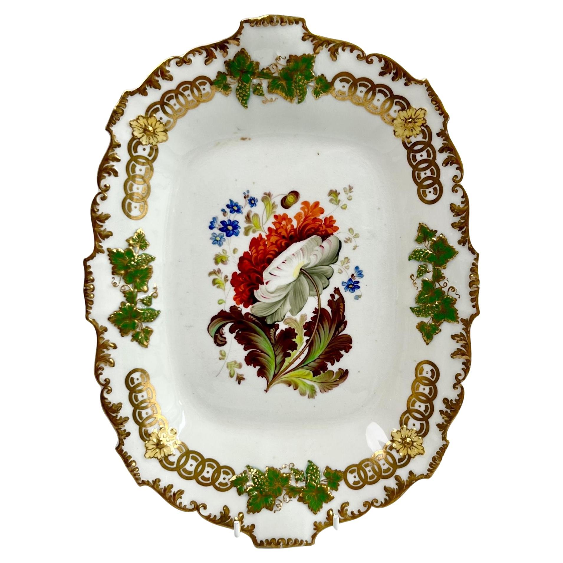 H & R Daniel Rectangular Dish, Shrewsbury Shape, Red Dahlia, Regency ca 1827 For Sale