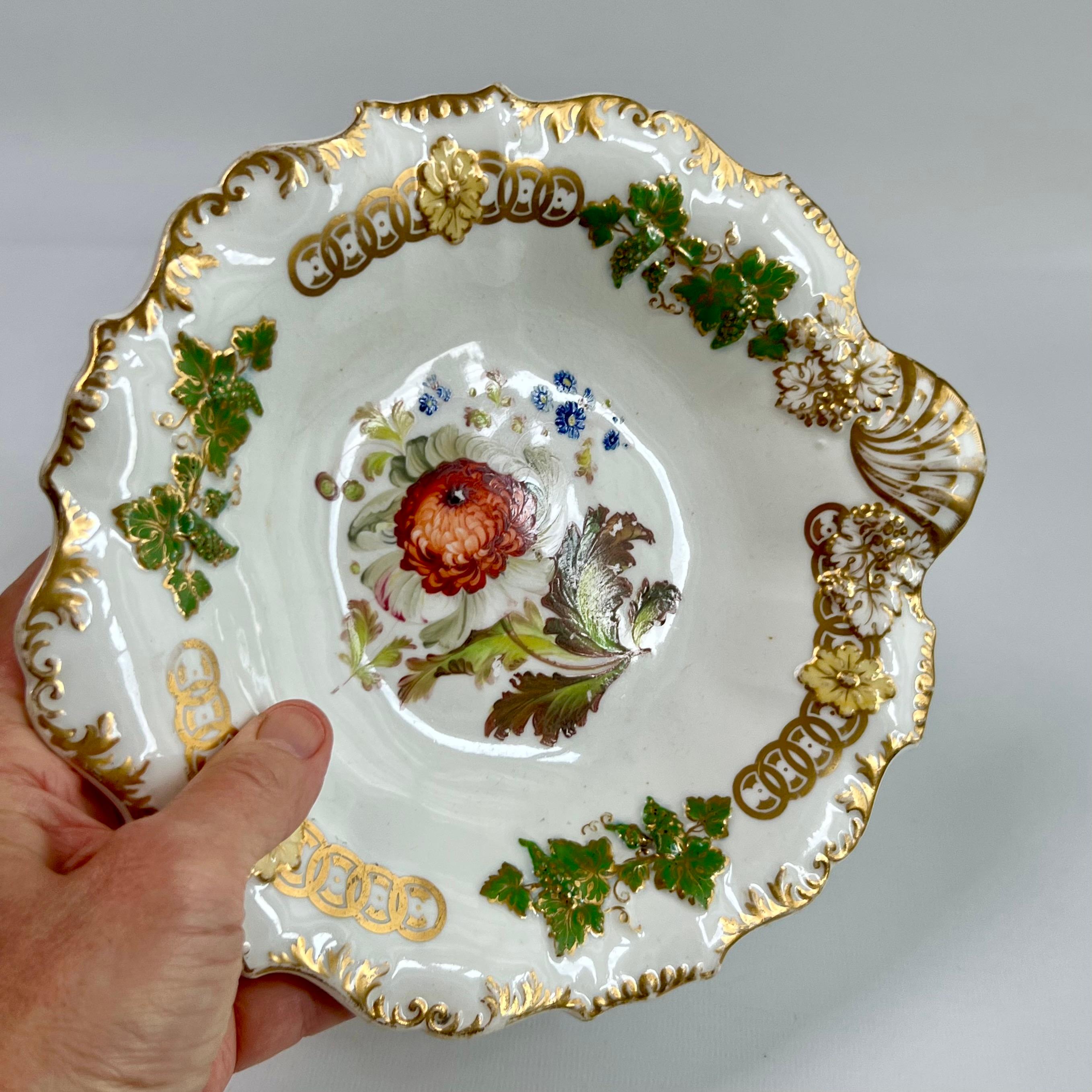 Hand-Painted H & R Daniel Shell Dish, Shrewsbury Shape, Red Ranunculus, Regency Ca 1827 A/F