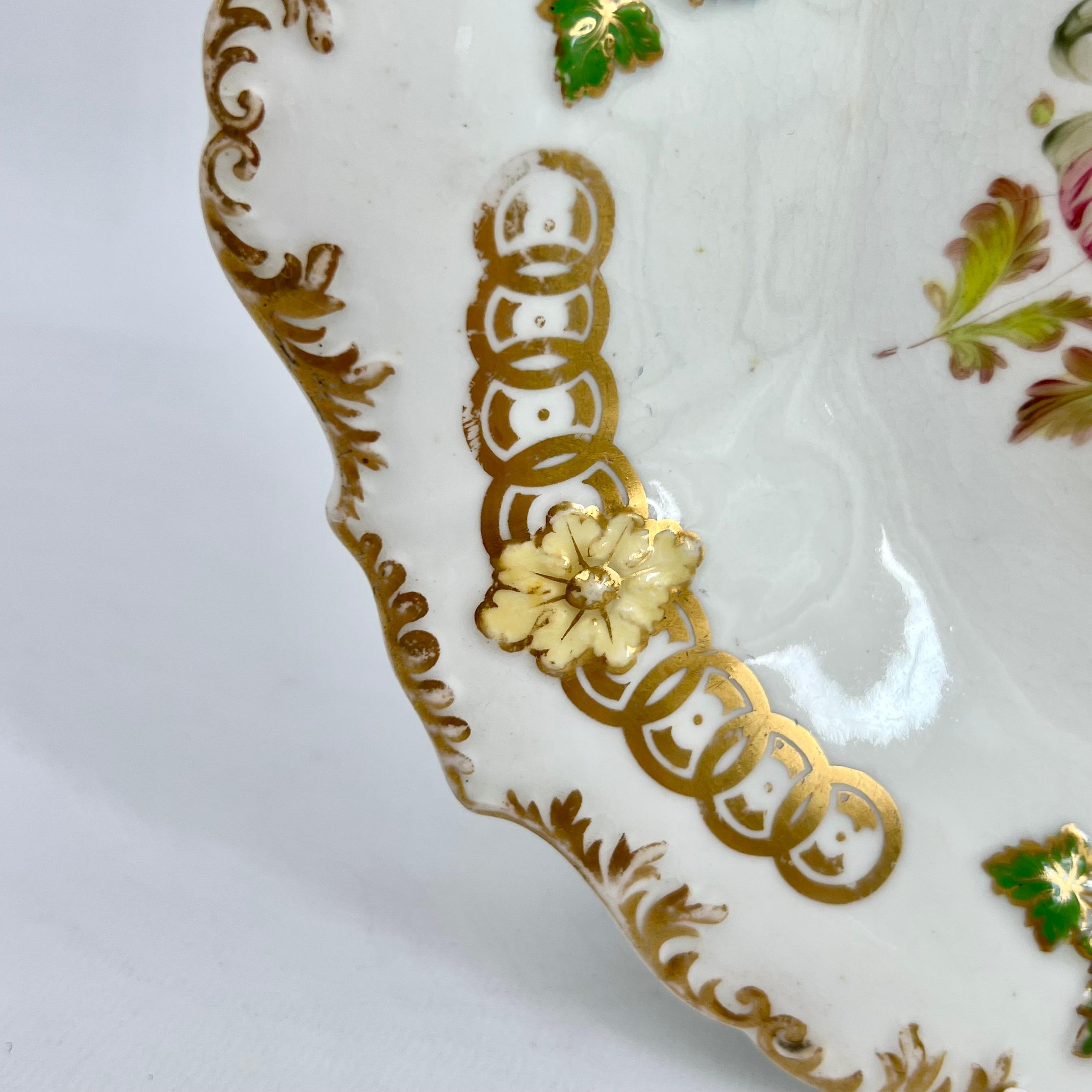 Porcelain H & R Daniel Shell Dish, Shrewsbury Shape, Red Ranunculus, Regency Ca 1827 A/F
