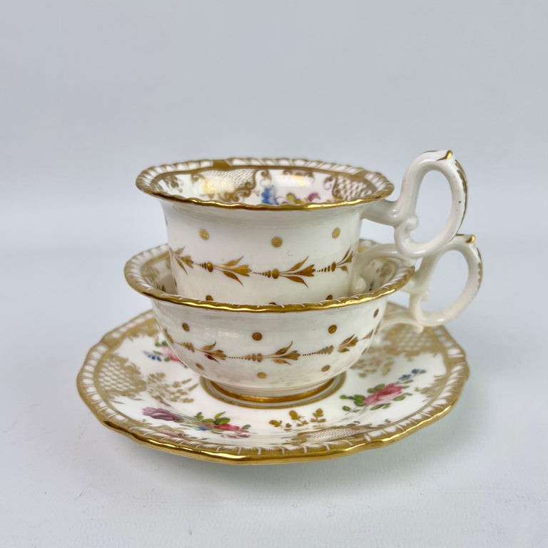 English H & R Daniel Teacup Trio, White with Gilt and Floral Sprigs, Regency, ca 1825