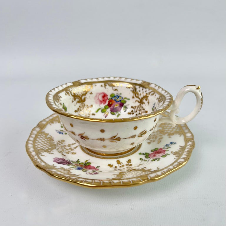 Hand-Painted H & R Daniel Teacup Trio, White with Gilt and Floral Sprigs, Regency, ca 1825